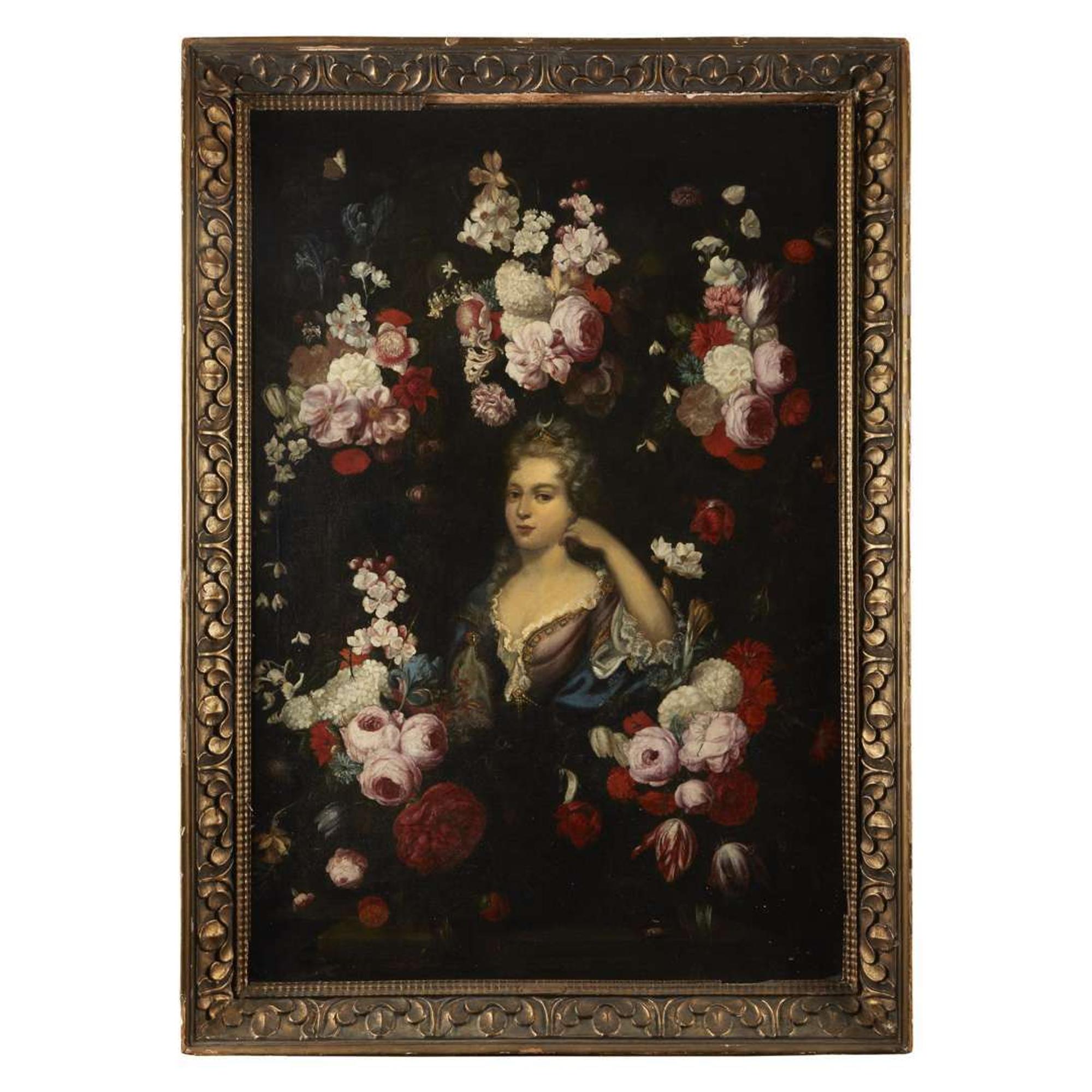 CIRCLE OF GASPAR PIETER VERBRUGGEN THE YOUNGER (FLEMISH 1664-1730) A CARTOUCHE OF FLOWERS WITH DIANA