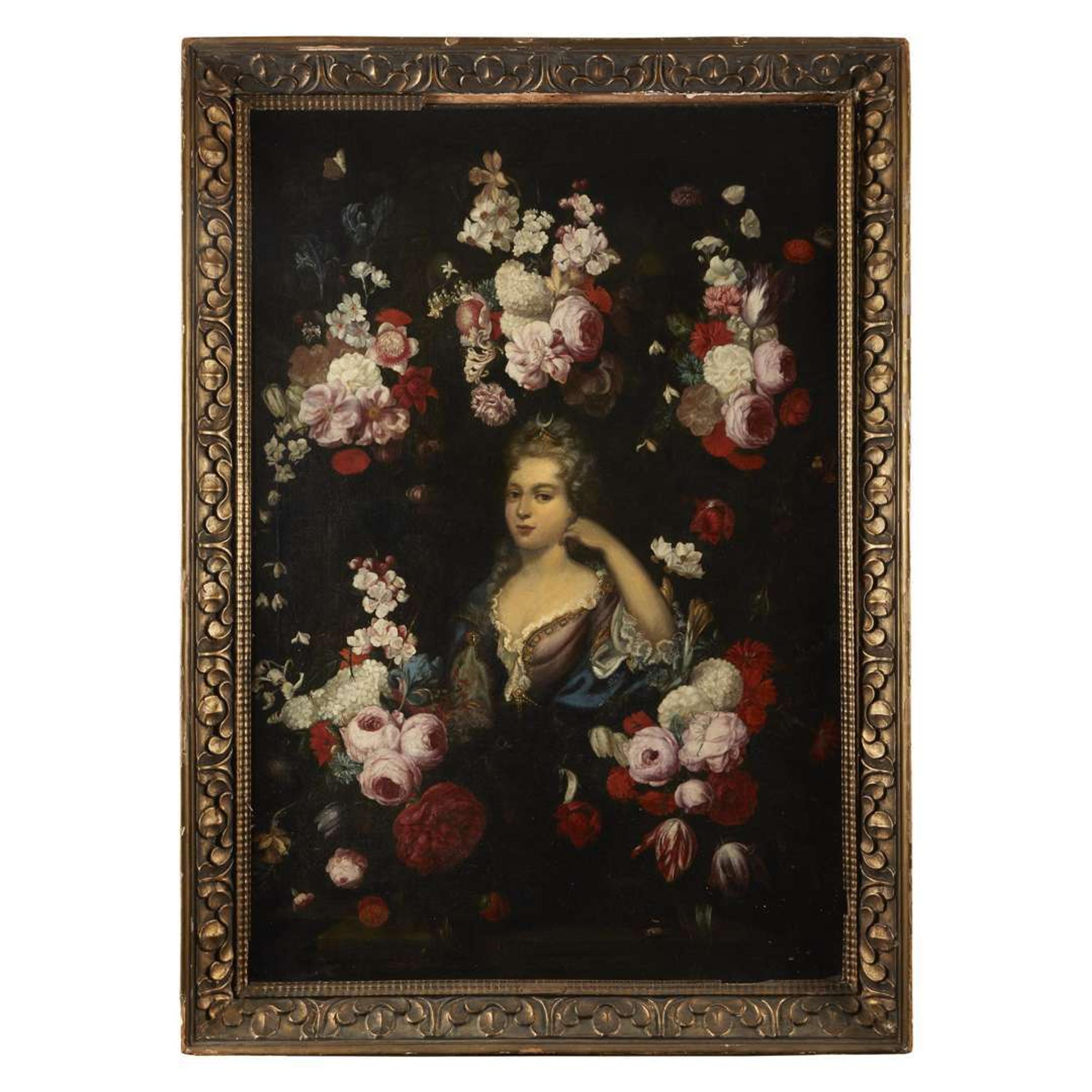 CIRCLE OF GASPAR PIETER VERBRUGGEN THE YOUNGER (FLEMISH 1664-1730) A CARTOUCHE OF FLOWERS WITH DIANA