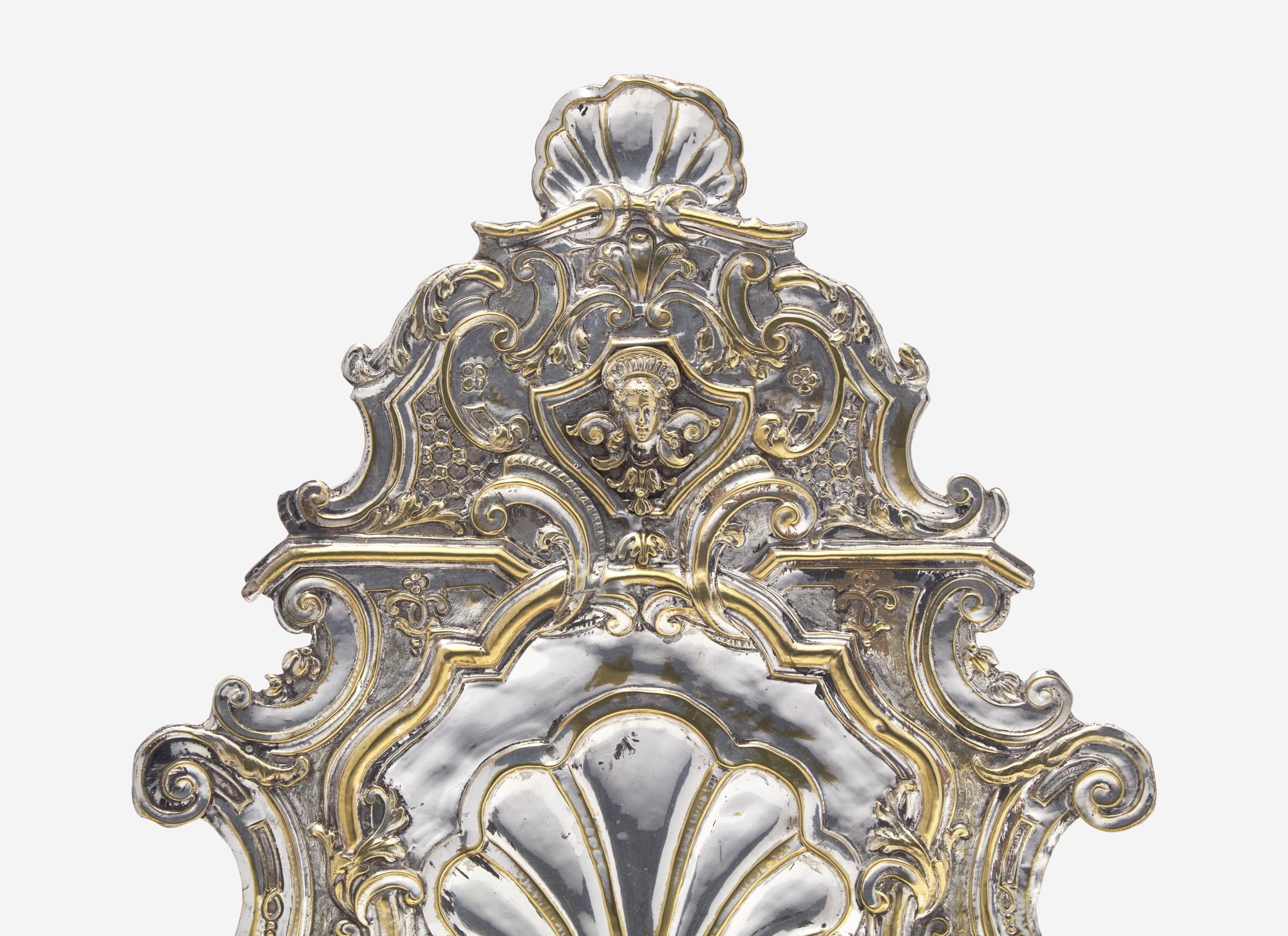 A Pair of William and Mary Style Silver-Plate Cartouche-Form Three-Light Sconces
