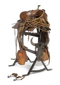 A Western Saddle on Decorative Iron and Oak Stand Seat 13 inches.