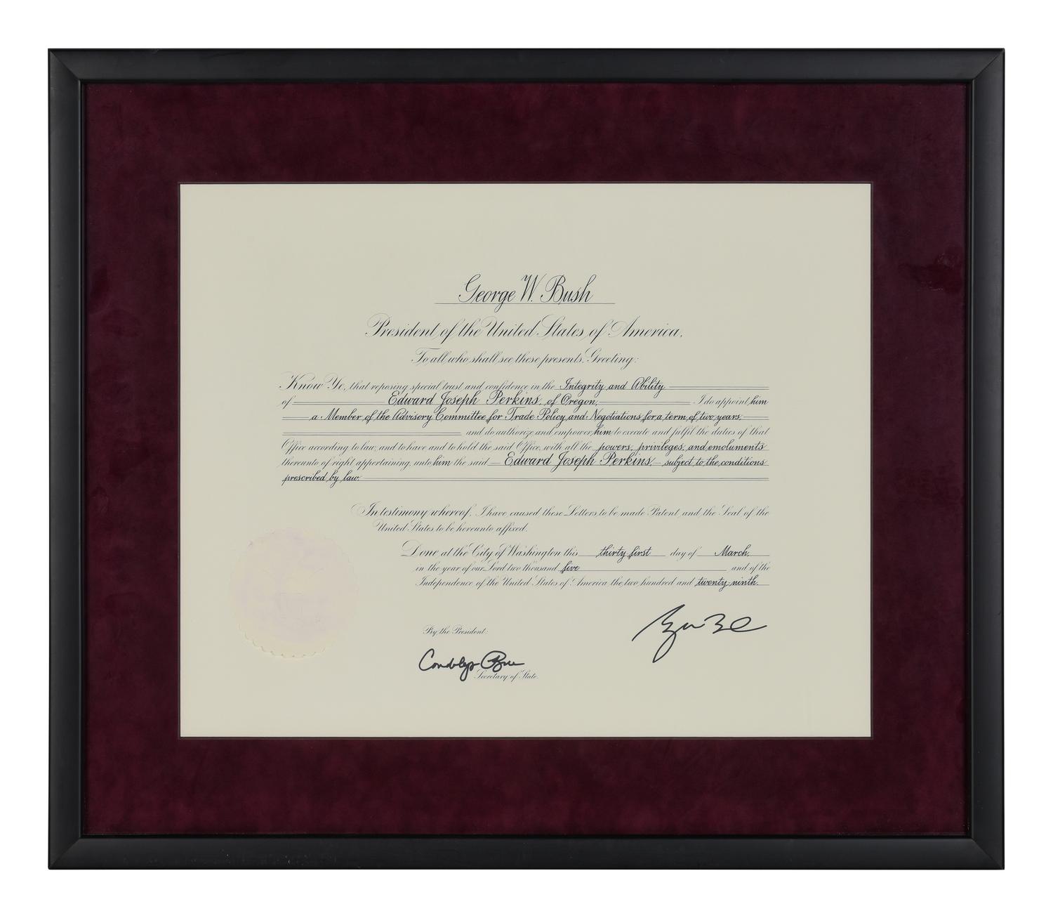 [POLITICS]. [PERKINS, Edward Joseph (1928-2020)]. A group of 9 appointments by Presidents Reagan, Bush, Clinton, and Bush to Perkins, presumably with secretarial or facsimile signatures, including: