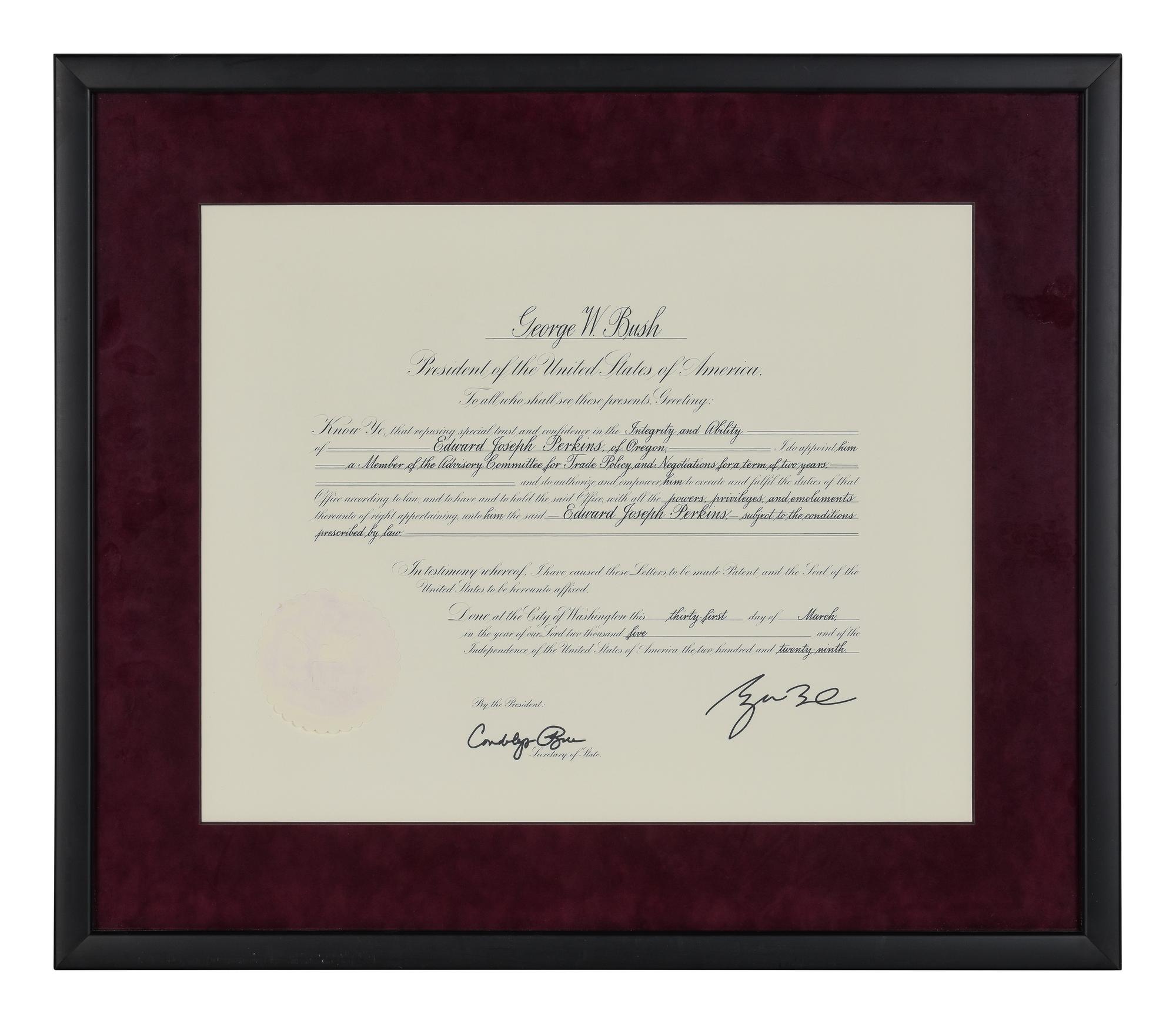 [POLITICS]. [PERKINS, Edward Joseph (1928-2020)]. A group of 9 appointments by Presidents Reagan, Bush, Clinton, and Bush to Perkins, presumably with secretarial or facsimile signatures, including: