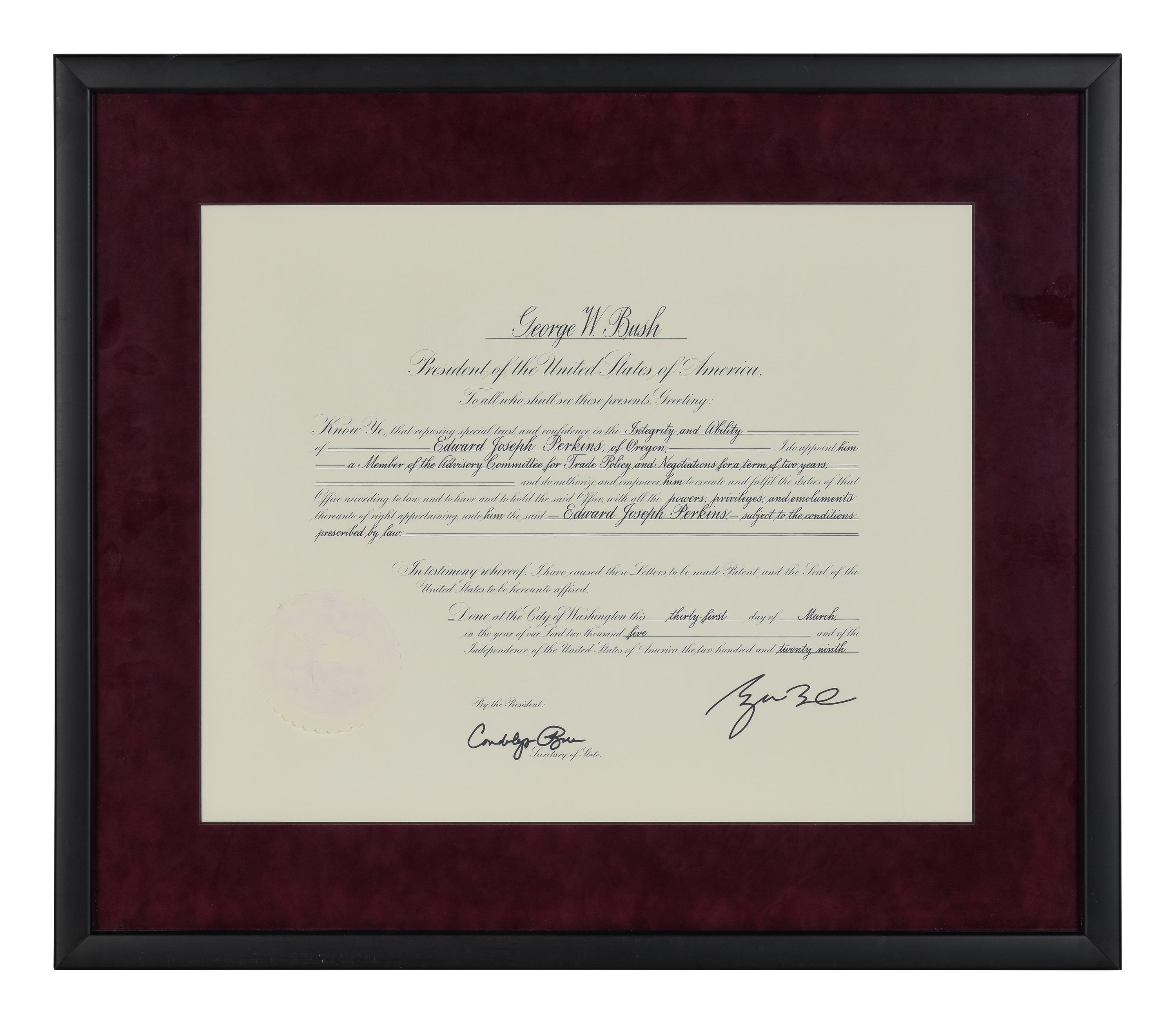 [POLITICS]. [PERKINS, Edward Joseph (1928-2020)]. A group of 9 appointments by Presidents Reagan, Bush, Clinton, and Bush to Perkins, presumably with secretarial or facsimile signatures, including: