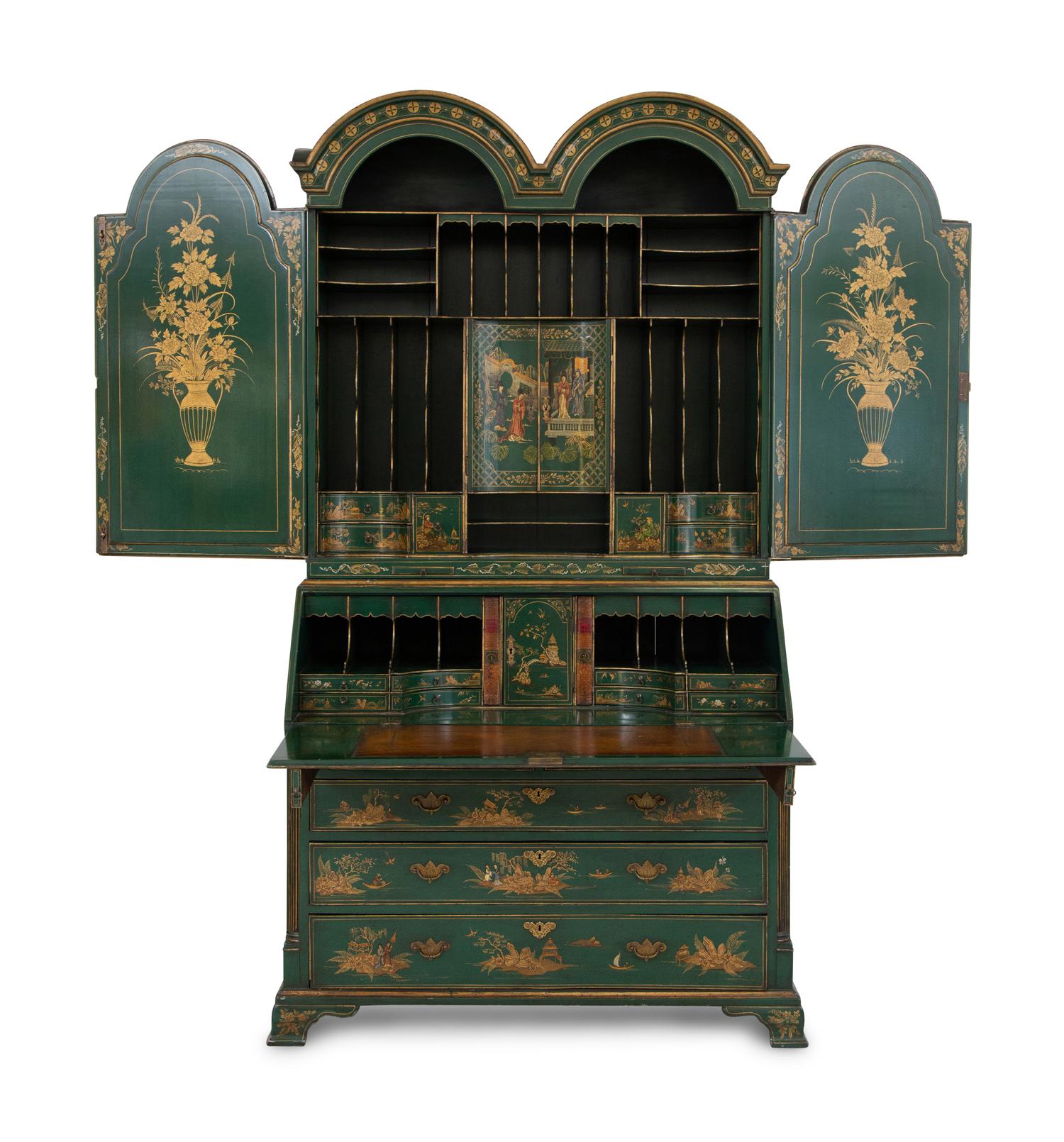 A George II Style Green Japanned Bureau Cabinet
