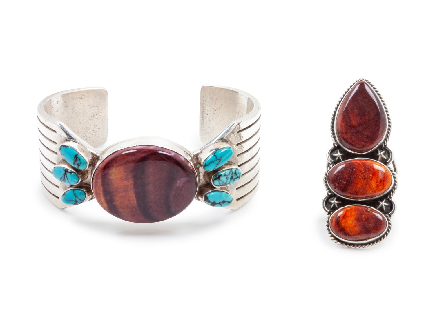 Purple Spiny Oyster Shell and Turquoise Cuff and Ring