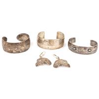 Northwest Coast Etched Figural Silver Cuff Bracelets and Earrings