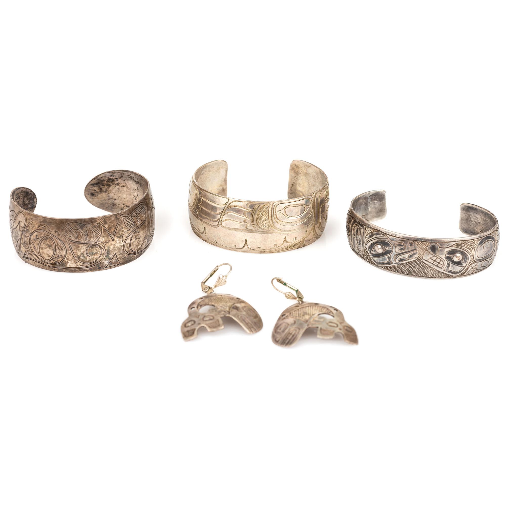 Northwest Coast Etched Figural Silver Cuff Bracelets and Earrings
