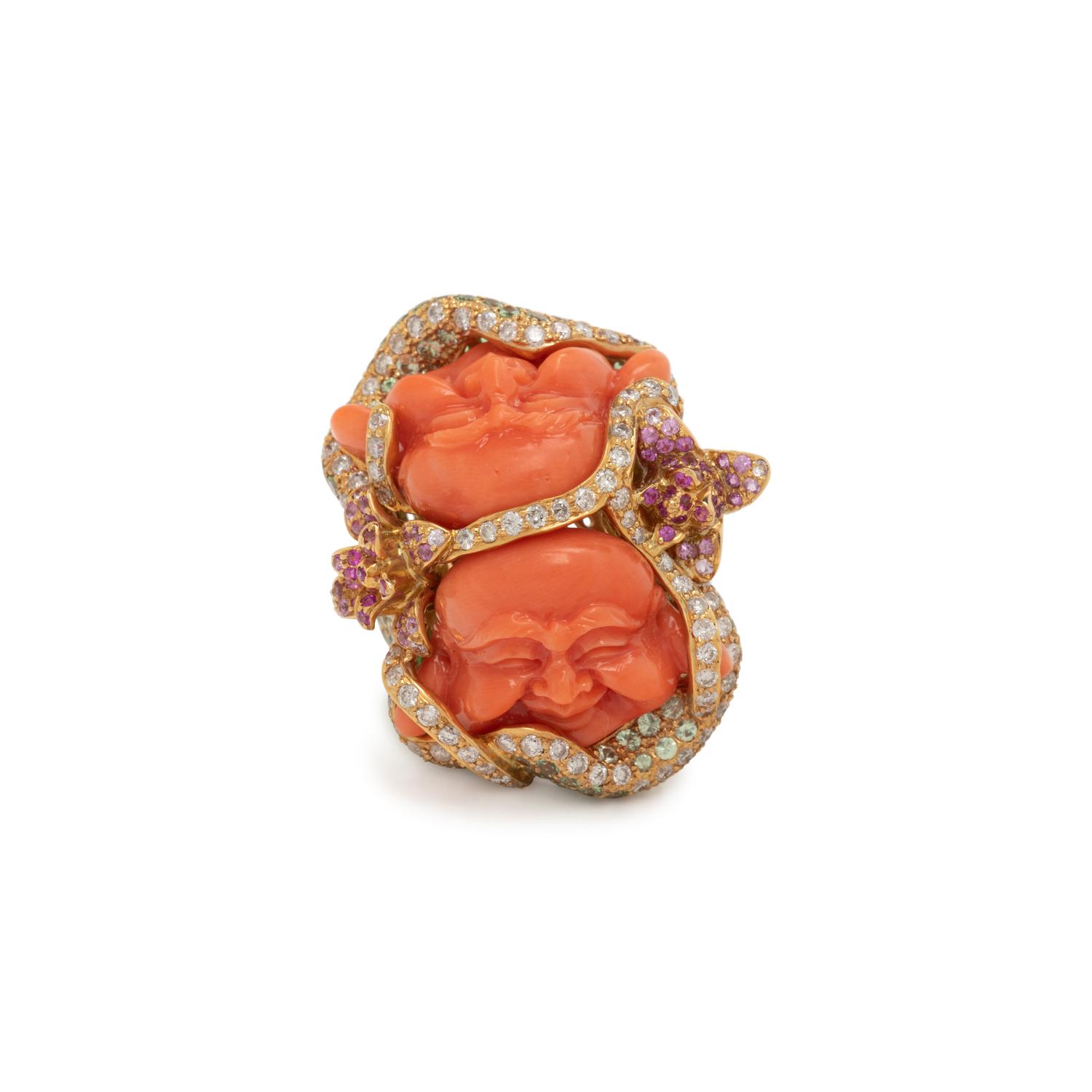 CARVED CORAL AND MULTIGEM RING