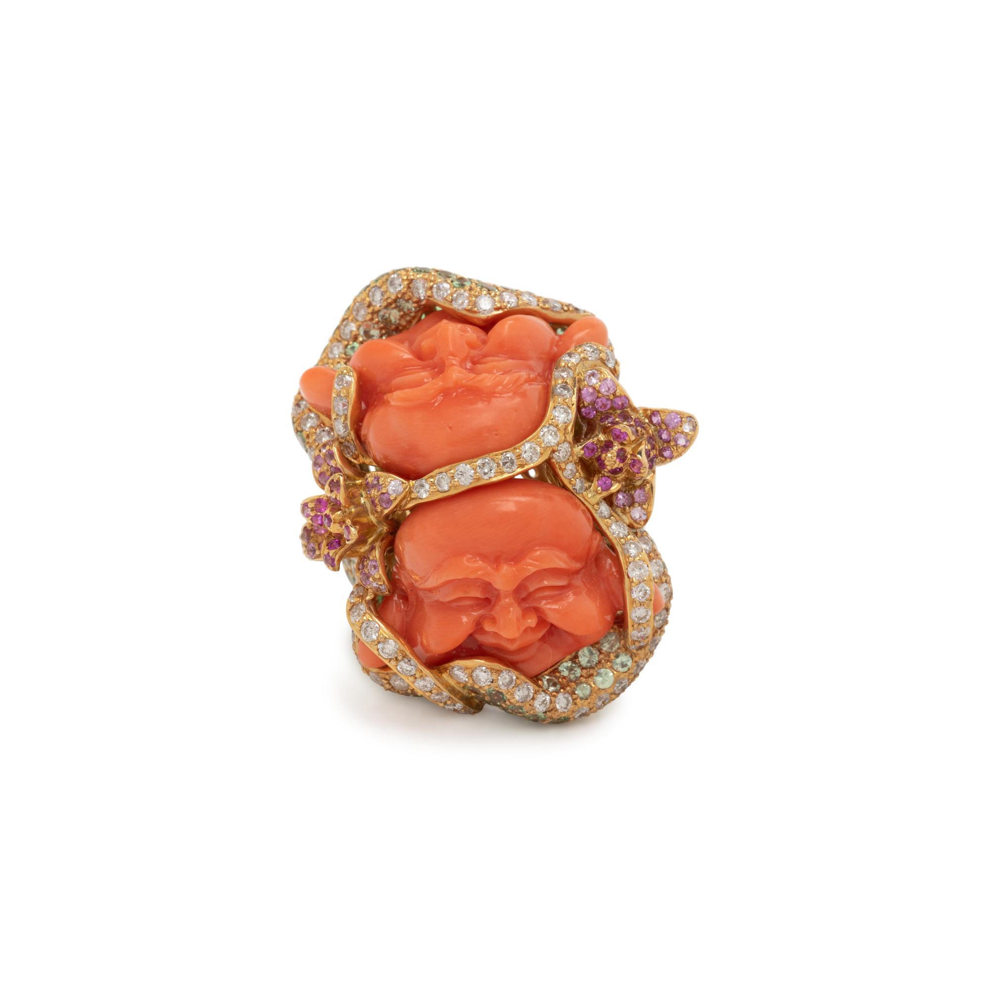 CARVED CORAL AND MULTIGEM RING