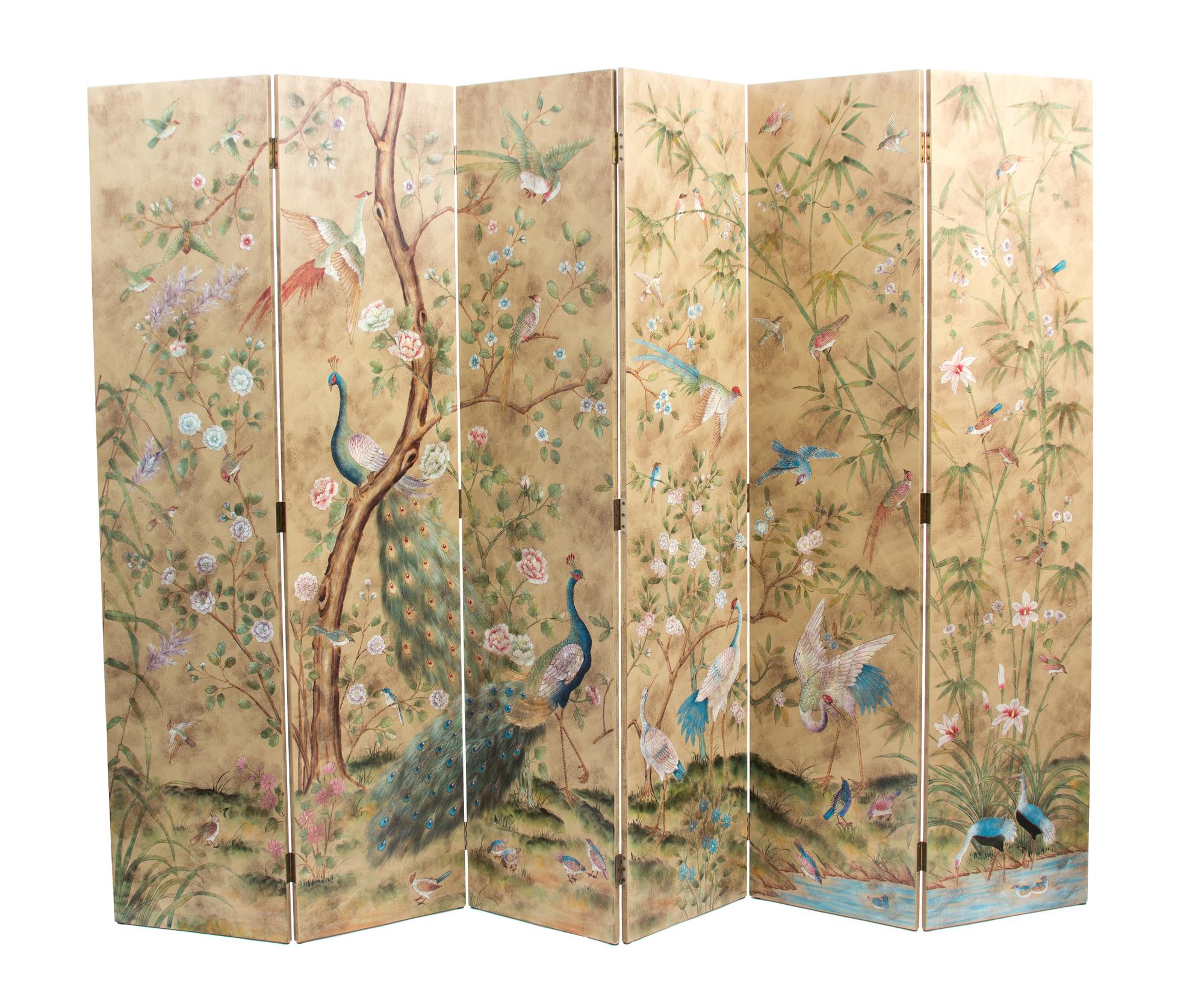 A Chinese Six-Panel Polychromed Floor Screen Each panel 84 x 20 inches. — 20TH CENTURY