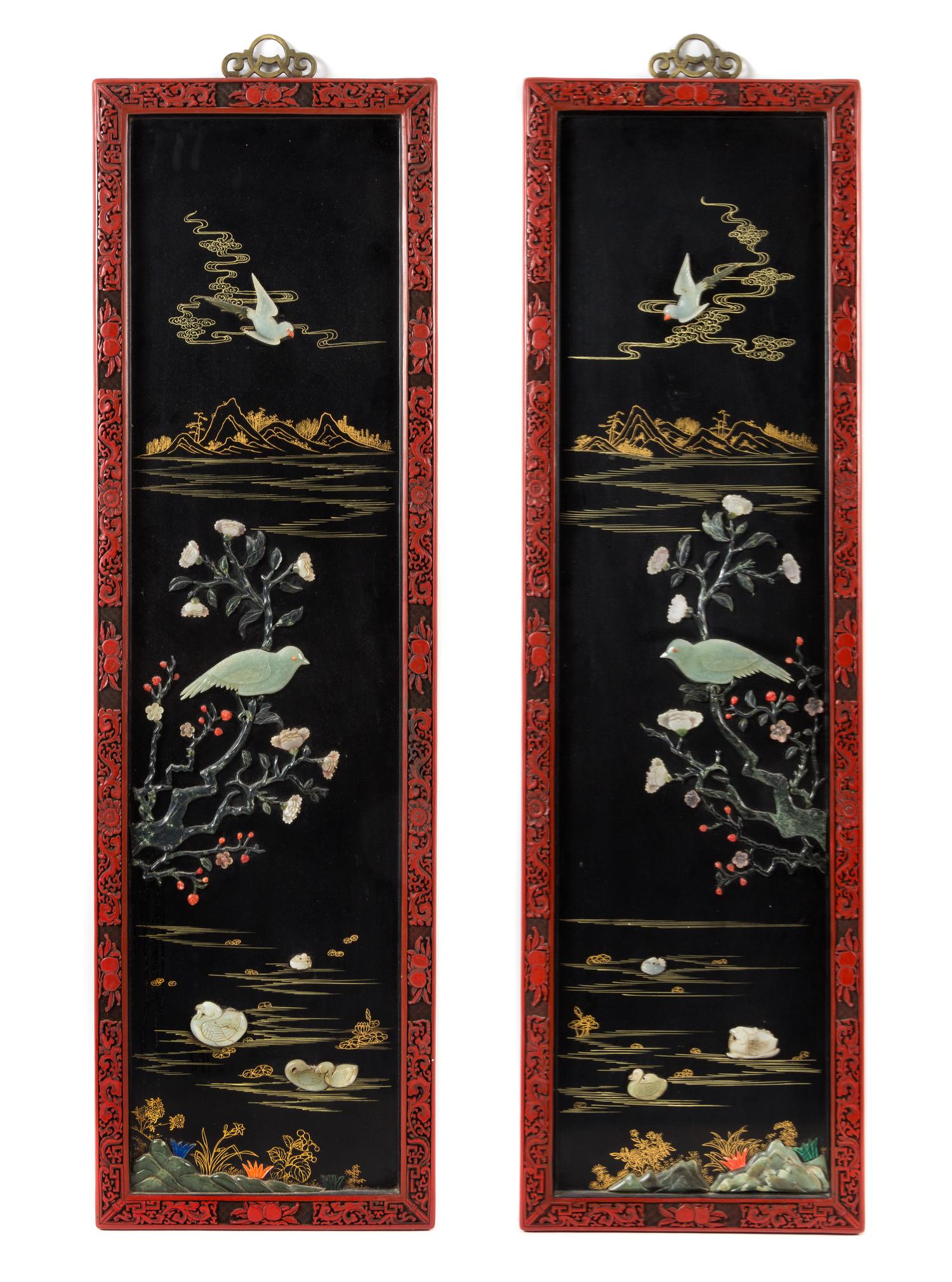 A Pair of Chinese Hardstone Inset Lacquer Panels Height 42 x width 12 1/2 inches.