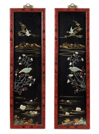A Pair of Chinese Hardstone Inset Lacquer Panels Height 42 x width 12 1/2 inches.