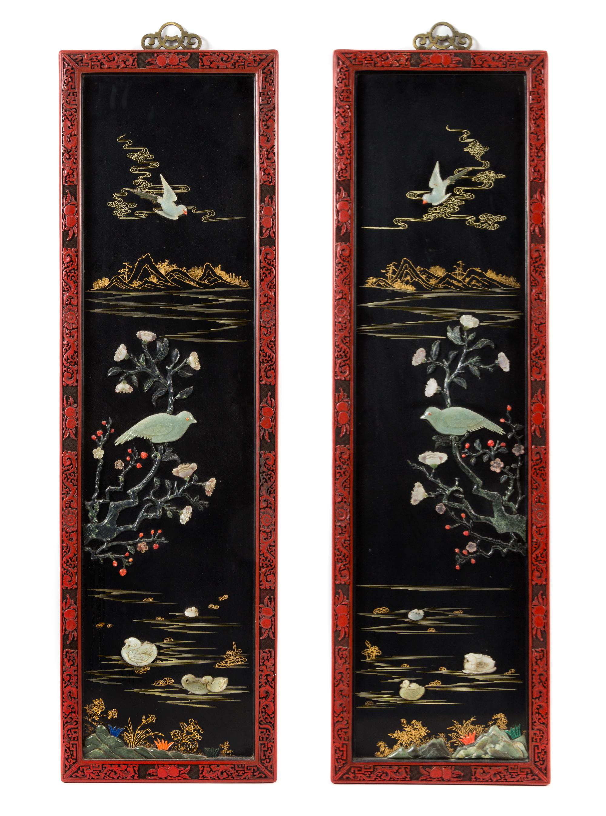 A Pair of Chinese Hardstone Inset Lacquer Panels Height 42 x width 12 1/2 inches.