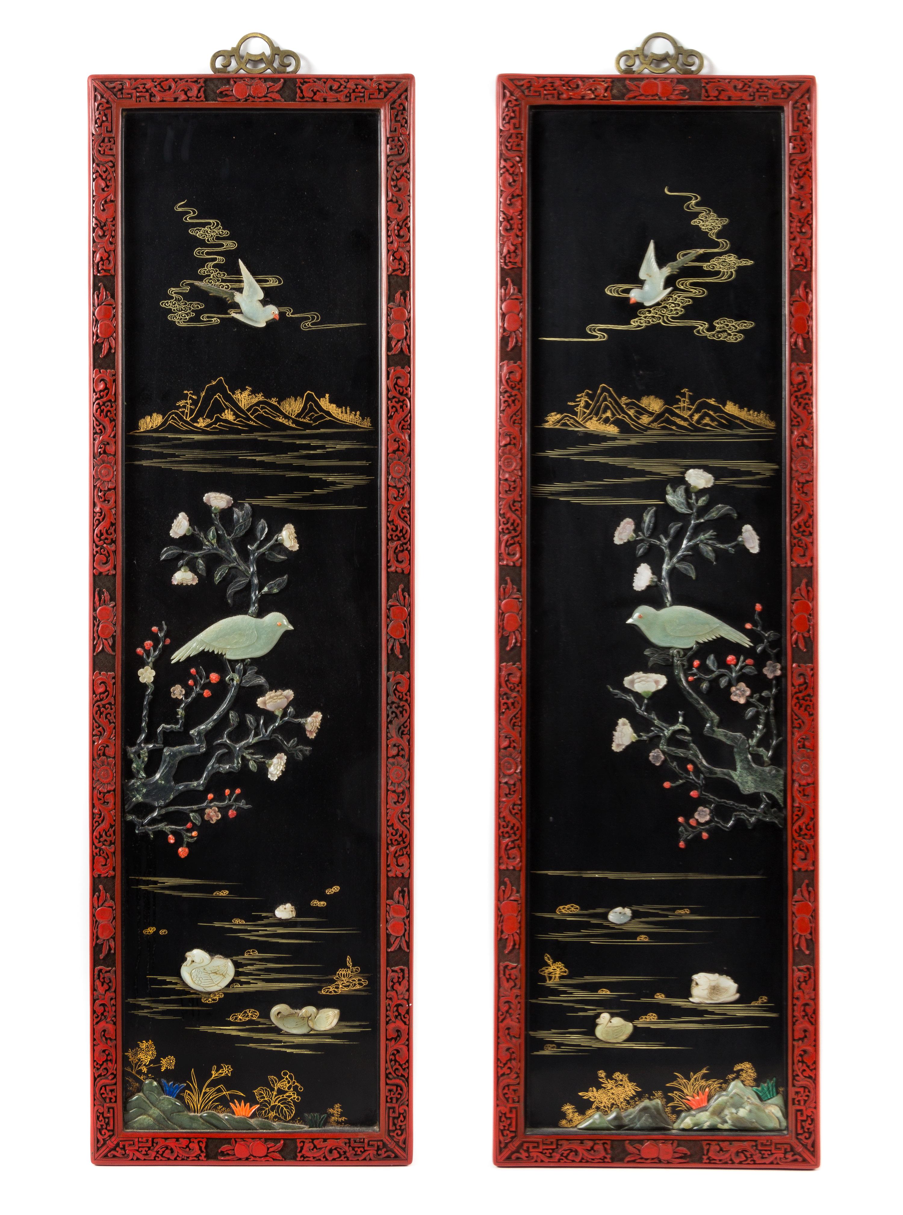 A Pair of Chinese Hardstone Inset Lacquer Panels Height 42 x width 12 1/2 inches.