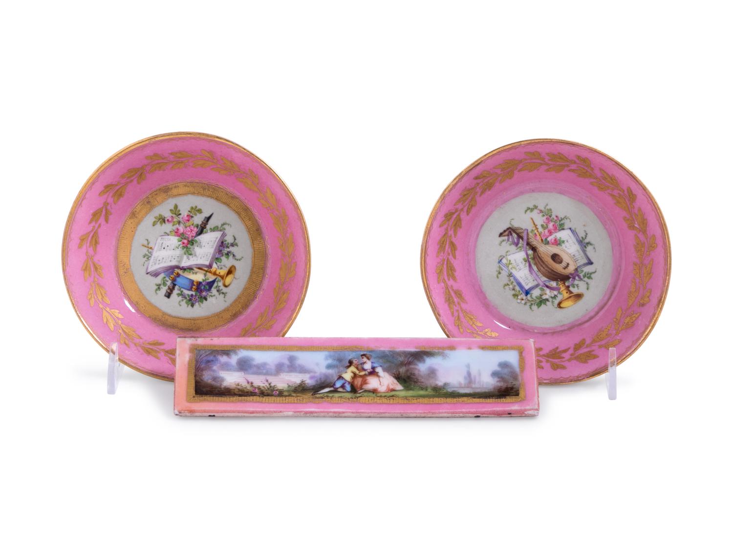 Three Sèvres Style Painted and Parcel Gilt Pink-Ground Porcelain Articles