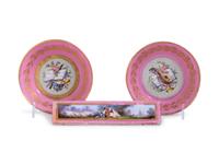Three Sèvres Style Painted and Parcel Gilt Pink-Ground Porcelain Articles