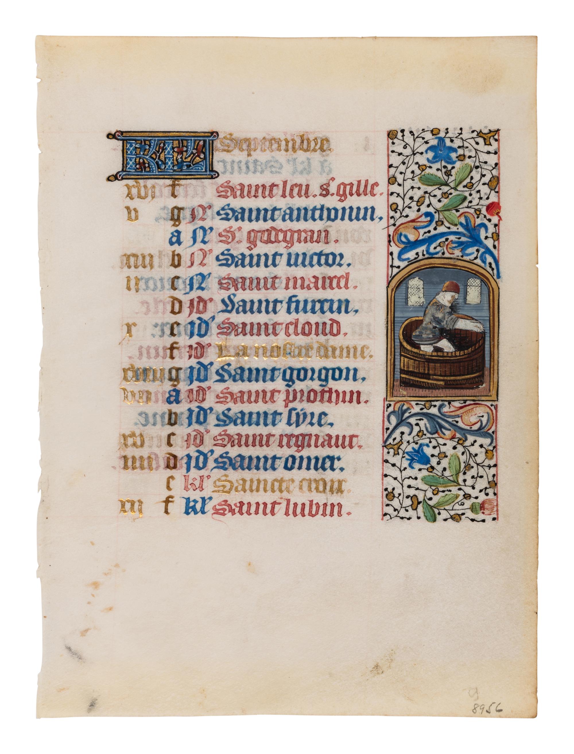 A pair of calendar leaves from the mid-fifteenth century, illuminated in Bruges and Paris with scenes of the Labors of the Month and Signs of the Zodiac.