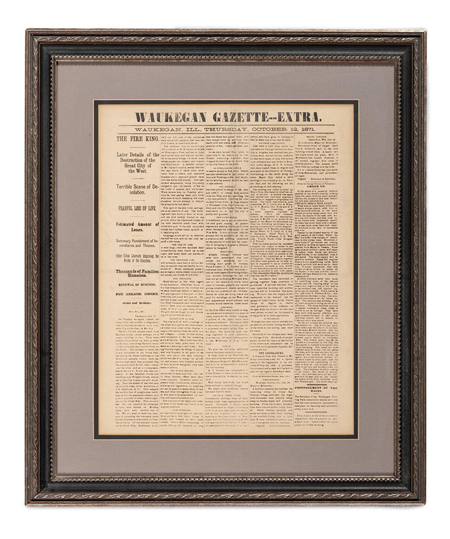 [CHICAGO]. A group of 2 items involving the Great Chicago Fire of 1871, incl. Waukegan Gazette--Extra . 12 October 1871. [ With :] Great Fire aquatint.