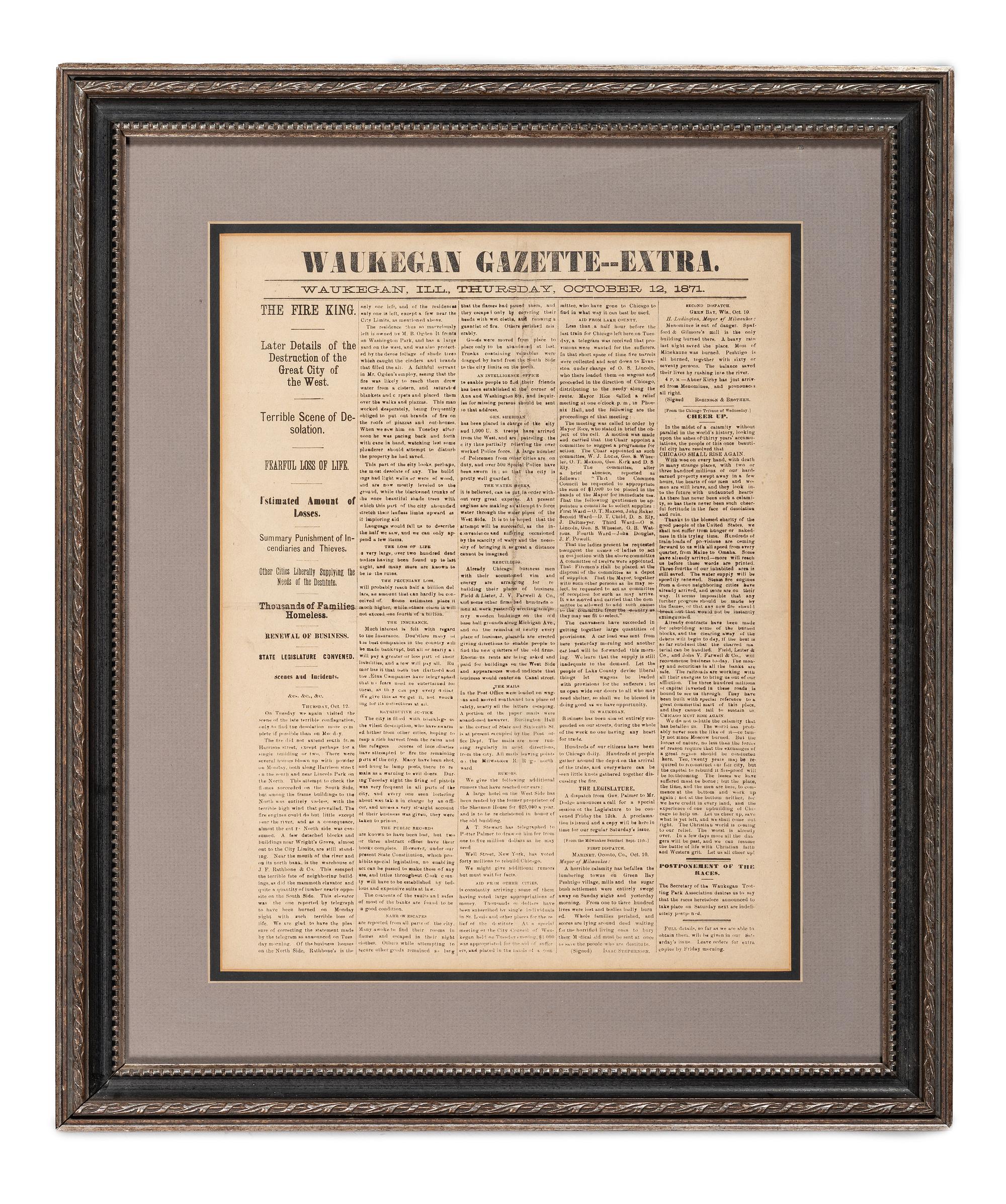 [CHICAGO]. A group of 2 items involving the Great Chicago Fire of 1871, incl. Waukegan Gazette--Extra . 12 October 1871. [ With :] Great Fire aquatint.