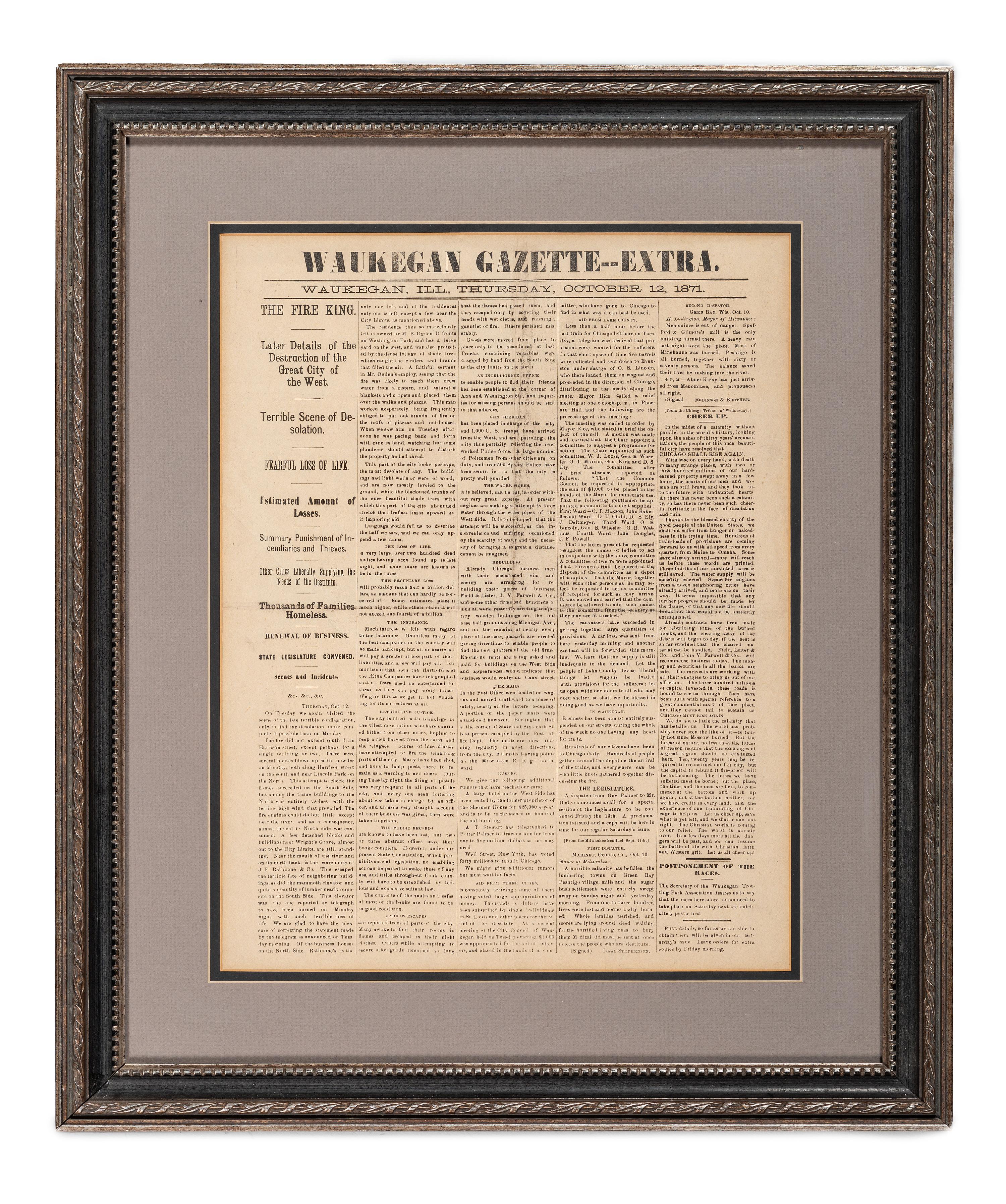 [CHICAGO]. A group of 2 items involving the Great Chicago Fire of 1871, incl. Waukegan Gazette--Extra . 12 October 1871. [ With :] Great Fire aquatint.
