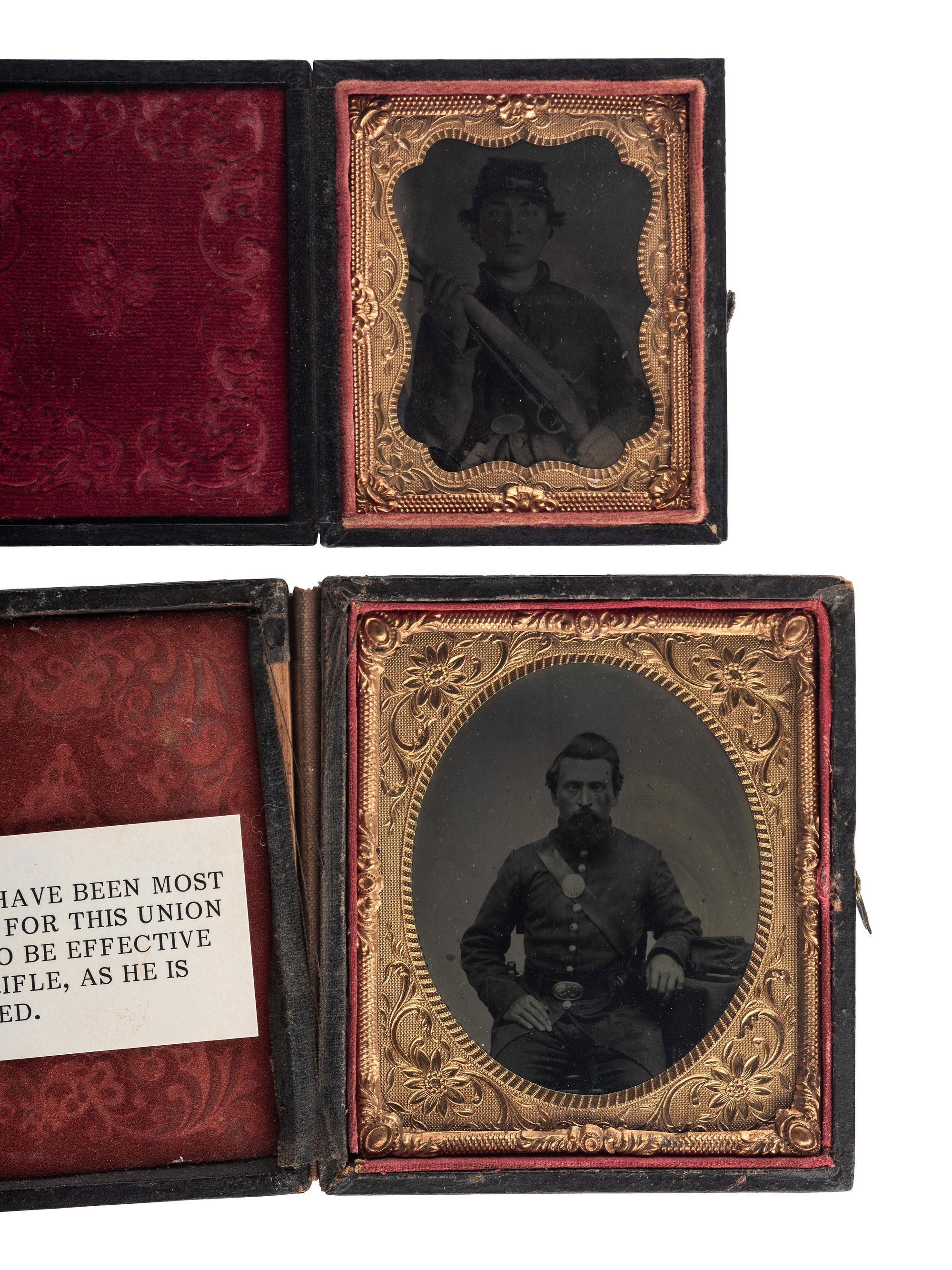 [CIVIL WAR - PHOTOGRAPHY]. A group of 3 tintypes of accoutered infantrymen including one officer, comprising: