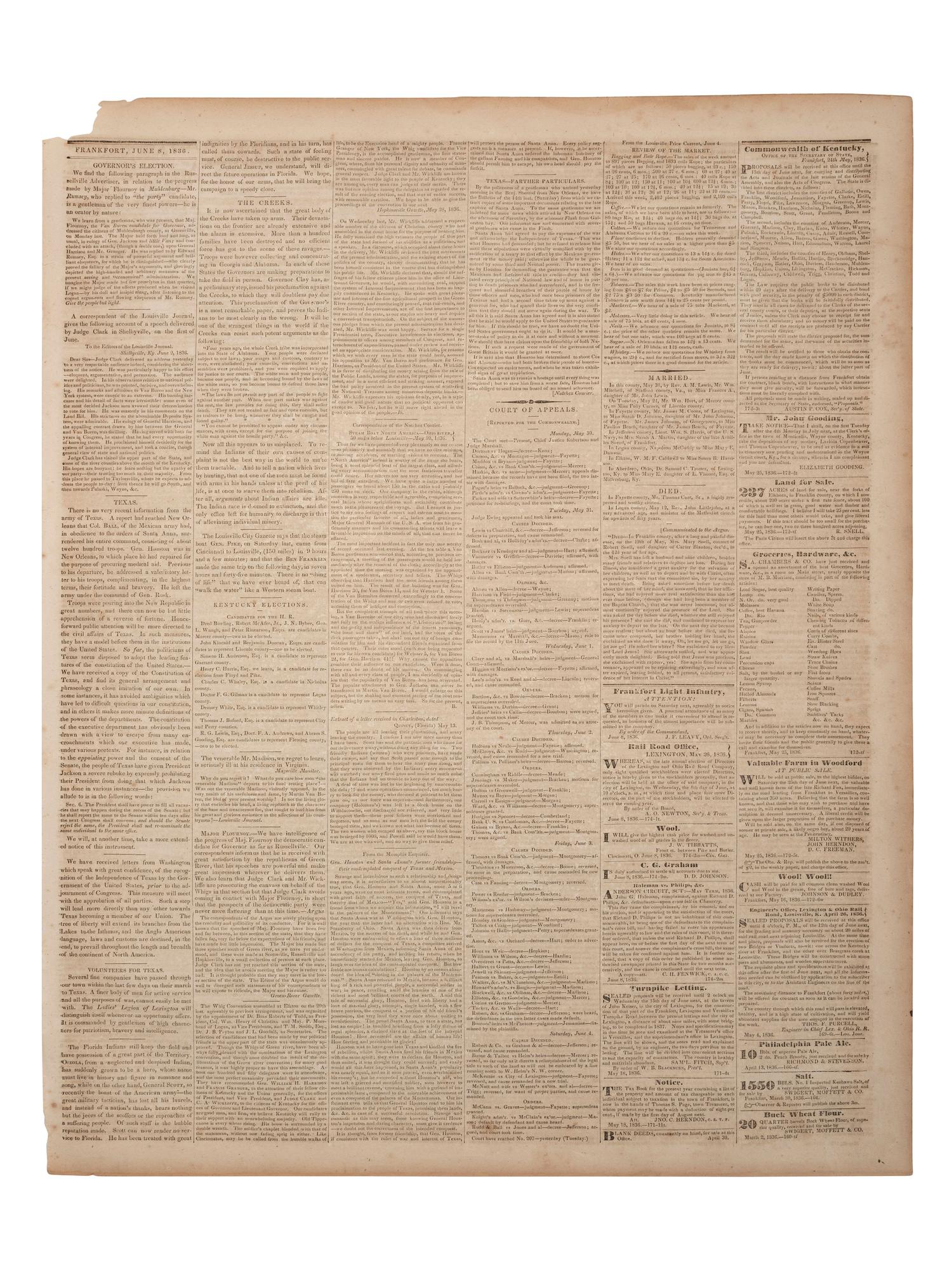 [TEXAS INDEPENDENCE]. The Frankfort Commonwealth . Vol. 4, No. 174. Frankfort, KY: Brown & Hodges, 8 June 1836. Report on the Battle of San Jacinto.