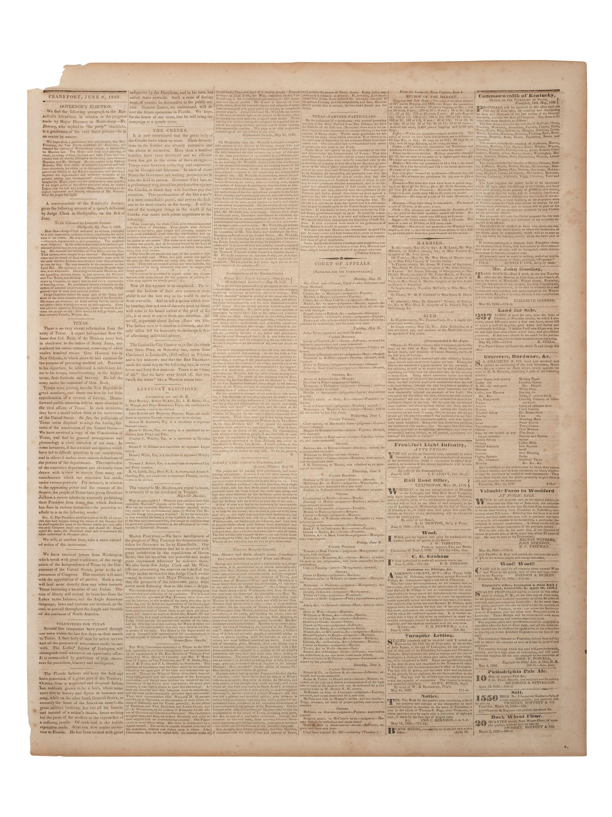 [TEXAS INDEPENDENCE]. The Frankfort Commonwealth . Vol. 4, No. 174. Frankfort, KY: Brown & Hodges, 8 June 1836. Report on the Battle of San Jacinto.