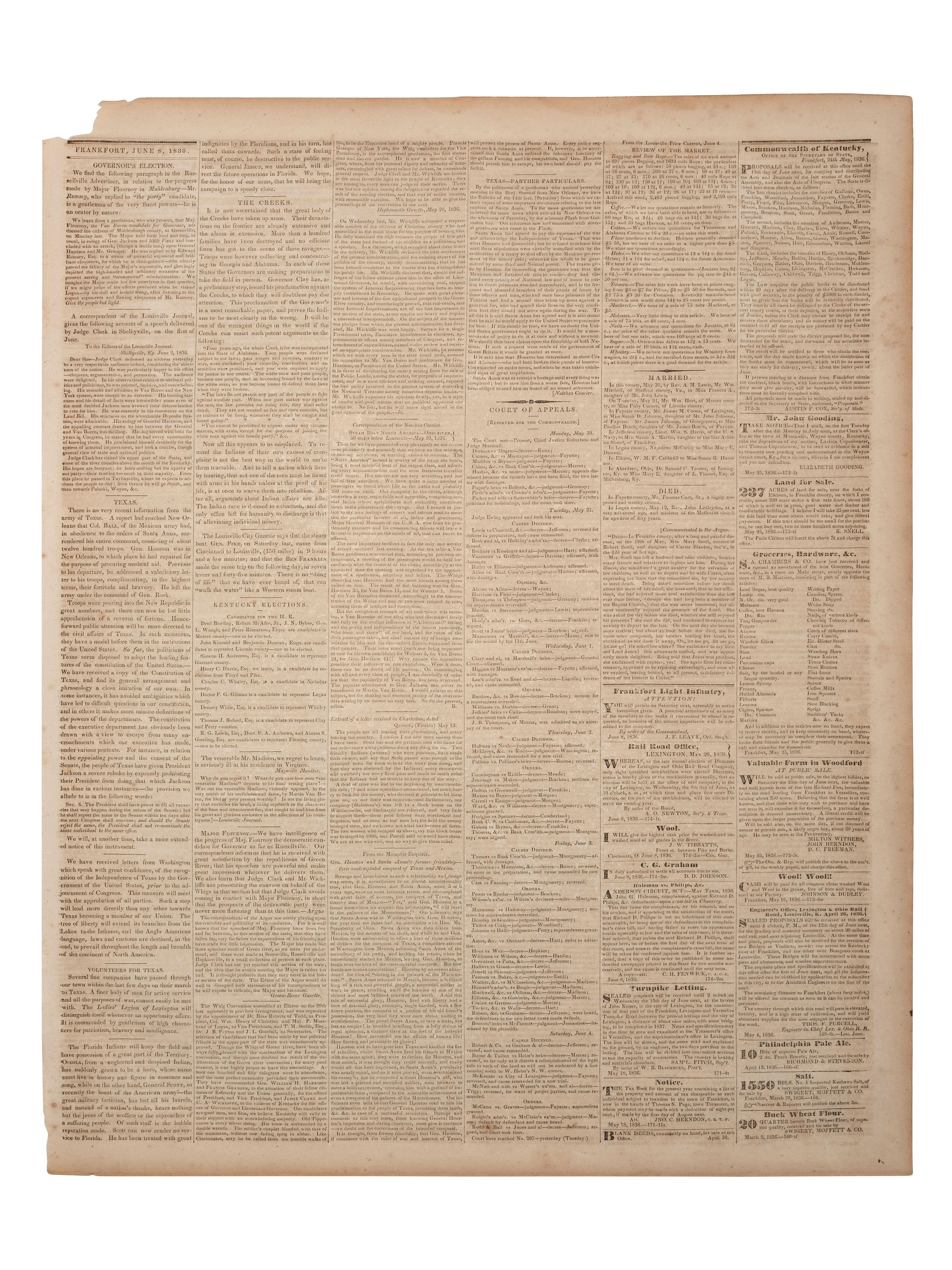[TEXAS INDEPENDENCE]. The Frankfort Commonwealth . Vol. 4, No. 174. Frankfort, KY: Brown & Hodges, 8 June 1836. Report on the Battle of San Jacinto.