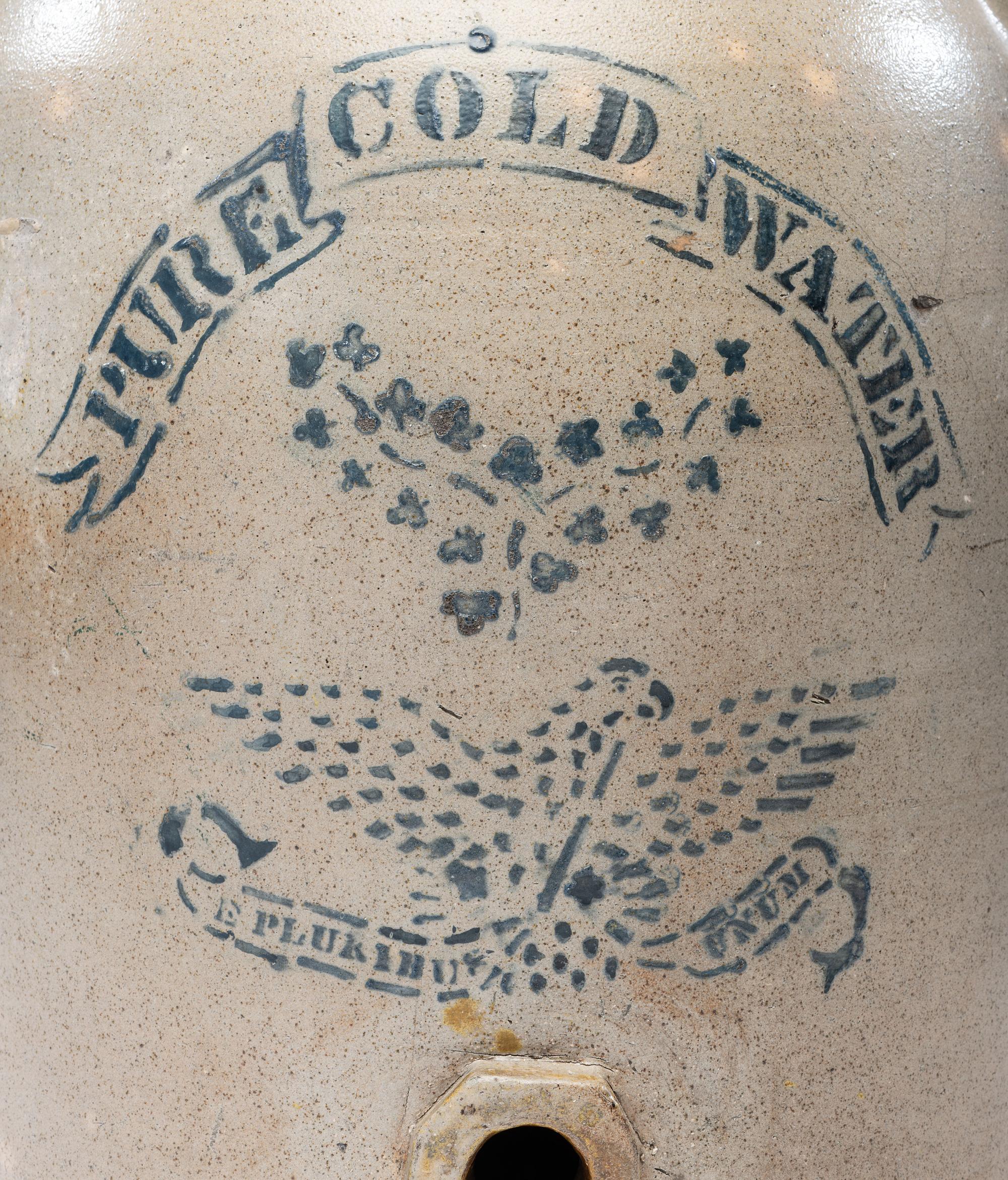 A Rare Curtis Fenton 'Pure Cold Water' Stenciled Stoneware Cooler