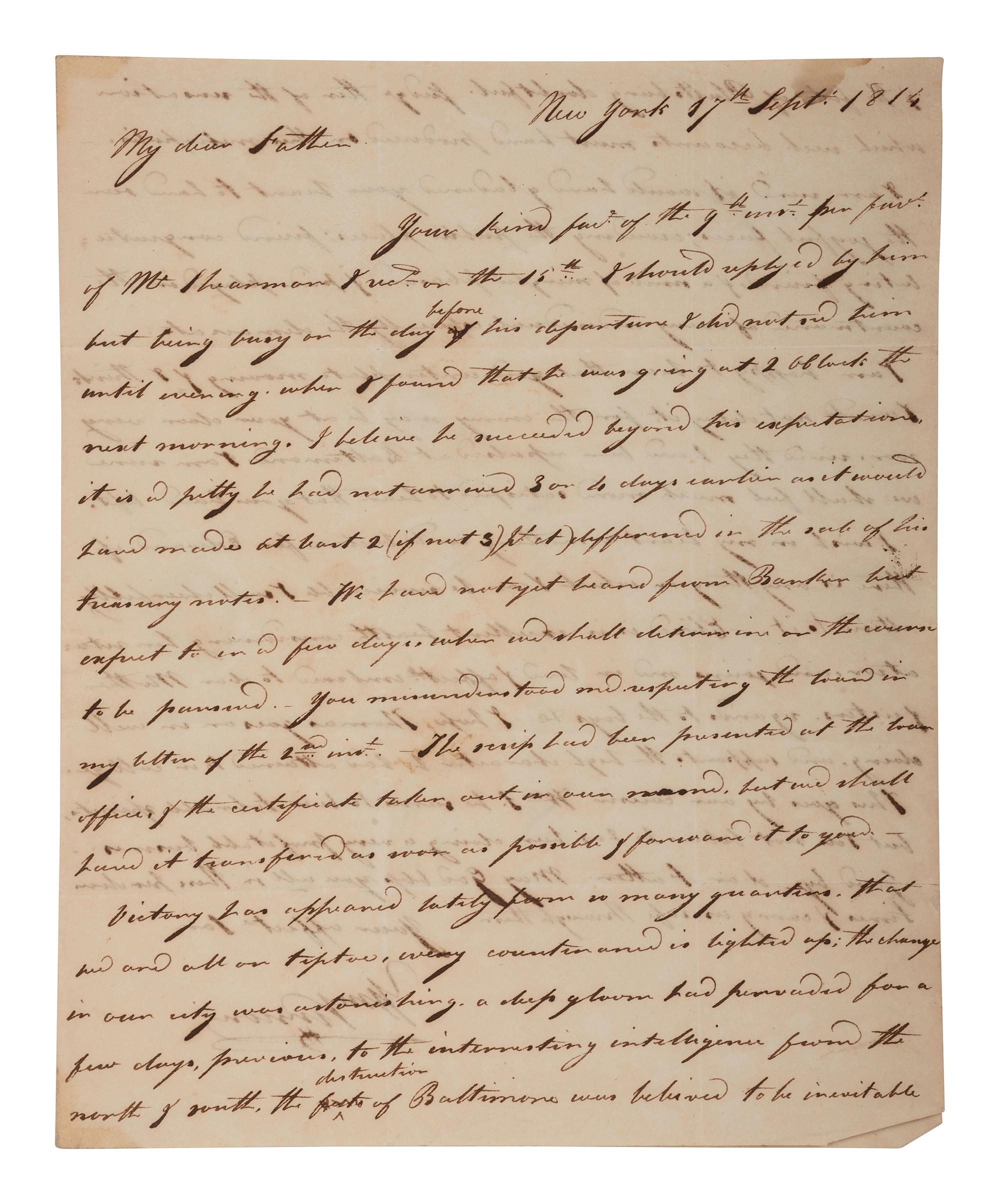 [POLITICS] [WAR OF 1812]. 2 ALSs , including letters from James STEPHENSON (1764-1833) & William VERNON.
