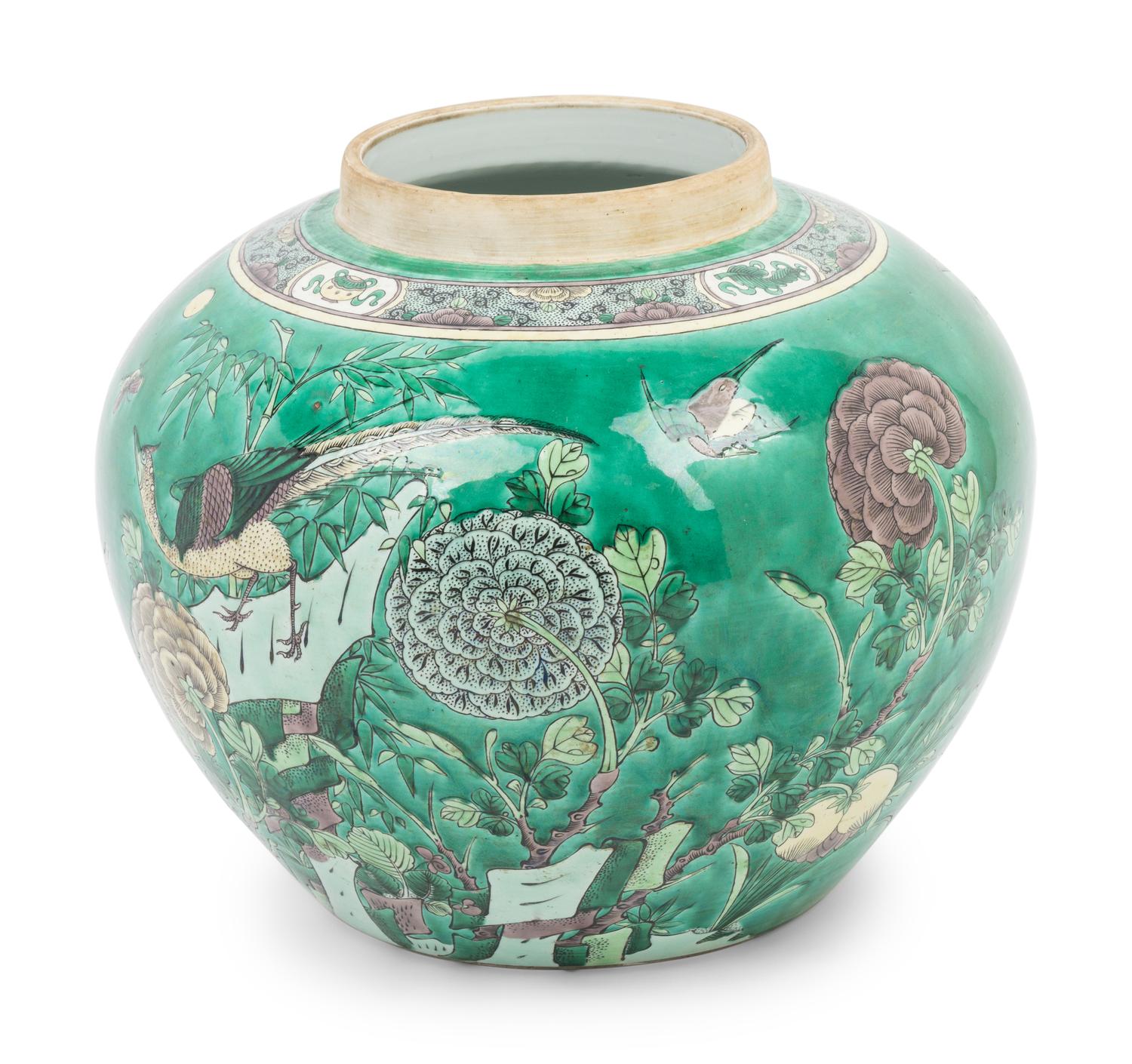 A Large Chinese Export Famille Verte Porcelain Covered Jar and A Chinese Painted Stoneware Cachepot