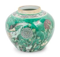A Large Chinese Export Famille Verte Porcelain Covered Jar and A Chinese Painted Stoneware Cachepot