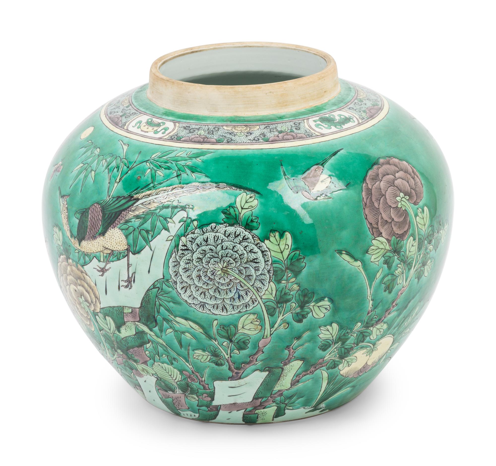 A Large Chinese Export Famille Verte Porcelain Covered Jar and A Chinese Painted Stoneware Cachepot
