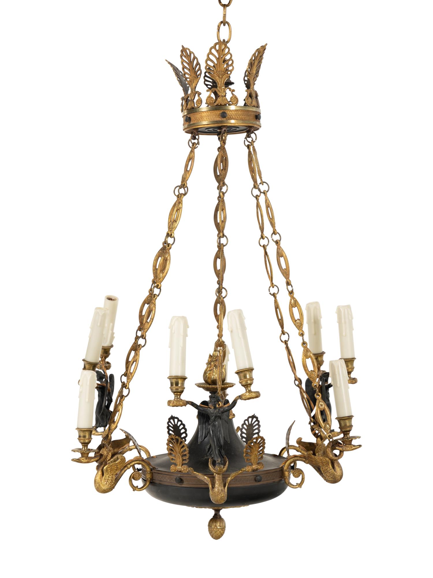 An Empire Style Gilt and Patinated Bronze Nine-Light Chandelier