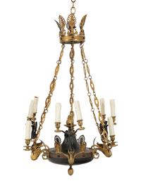 An Empire Style Gilt and Patinated Bronze Nine-Light Chandelier