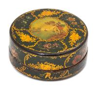 An English Circular Lacquer Snuff Box Diameter 3 1/2 inches. — 19TH CENTURY