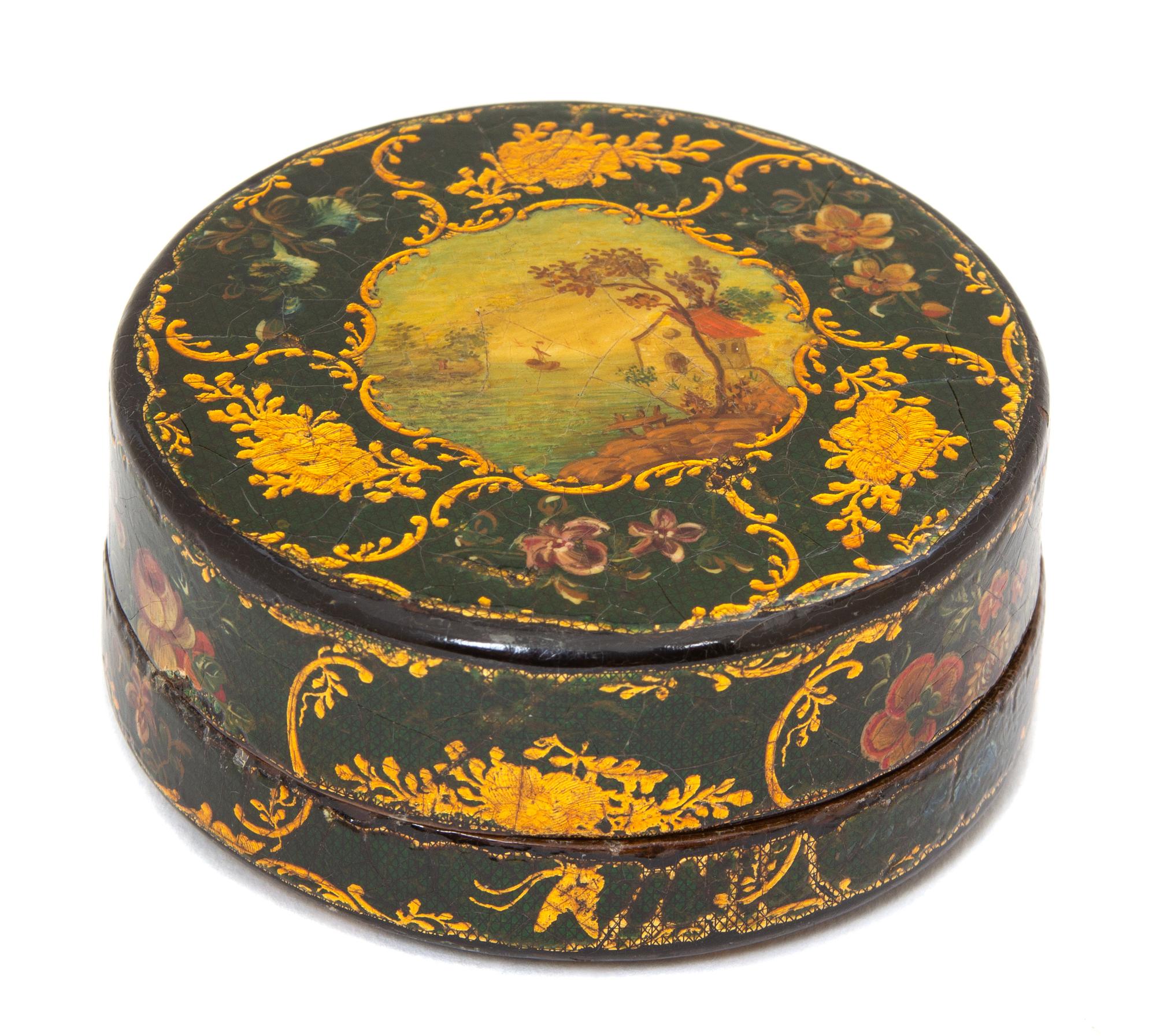 An English Circular Lacquer Snuff Box Diameter 3 1/2 inches. — 19TH CENTURY
