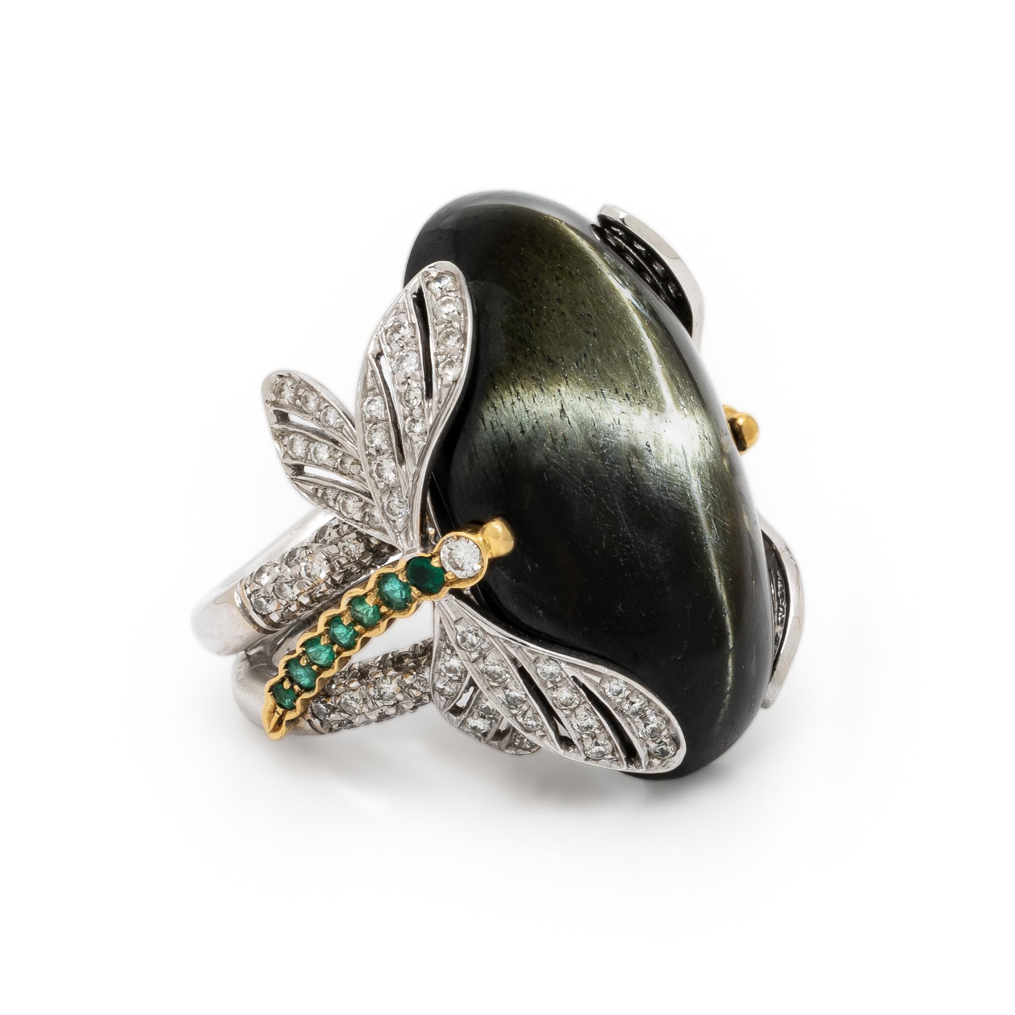 Chantecler, Black Star Diopside, Diamond, and Emerald Dragonfly Ring