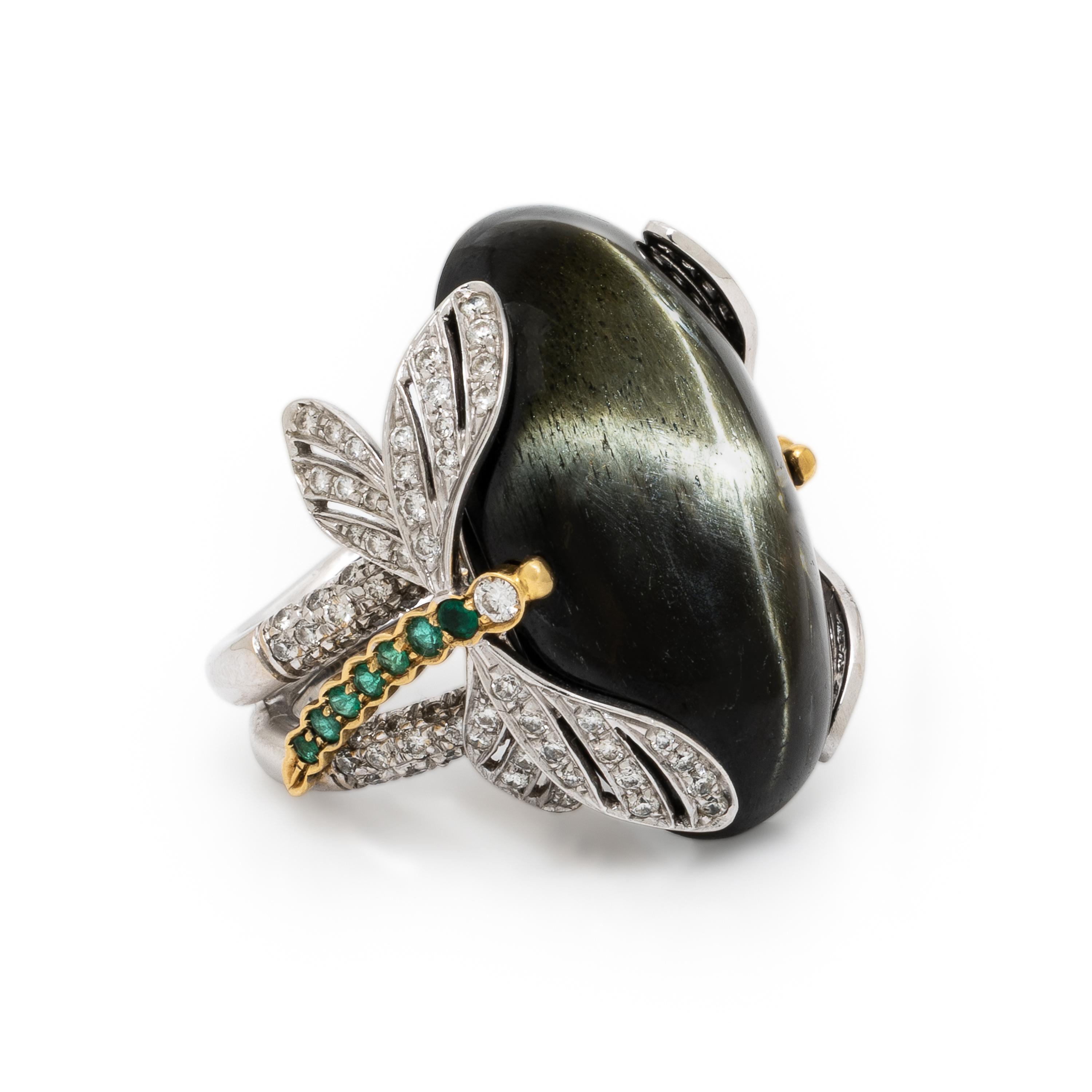 Chantecler, Black Star Diopside, Diamond, and Emerald Dragonfly Ring