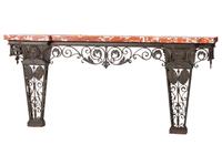 A Cast Iron Marble Top Console Table