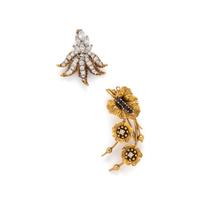 TWO YELLOW GOLD AND GEMSTONE BROOCHES