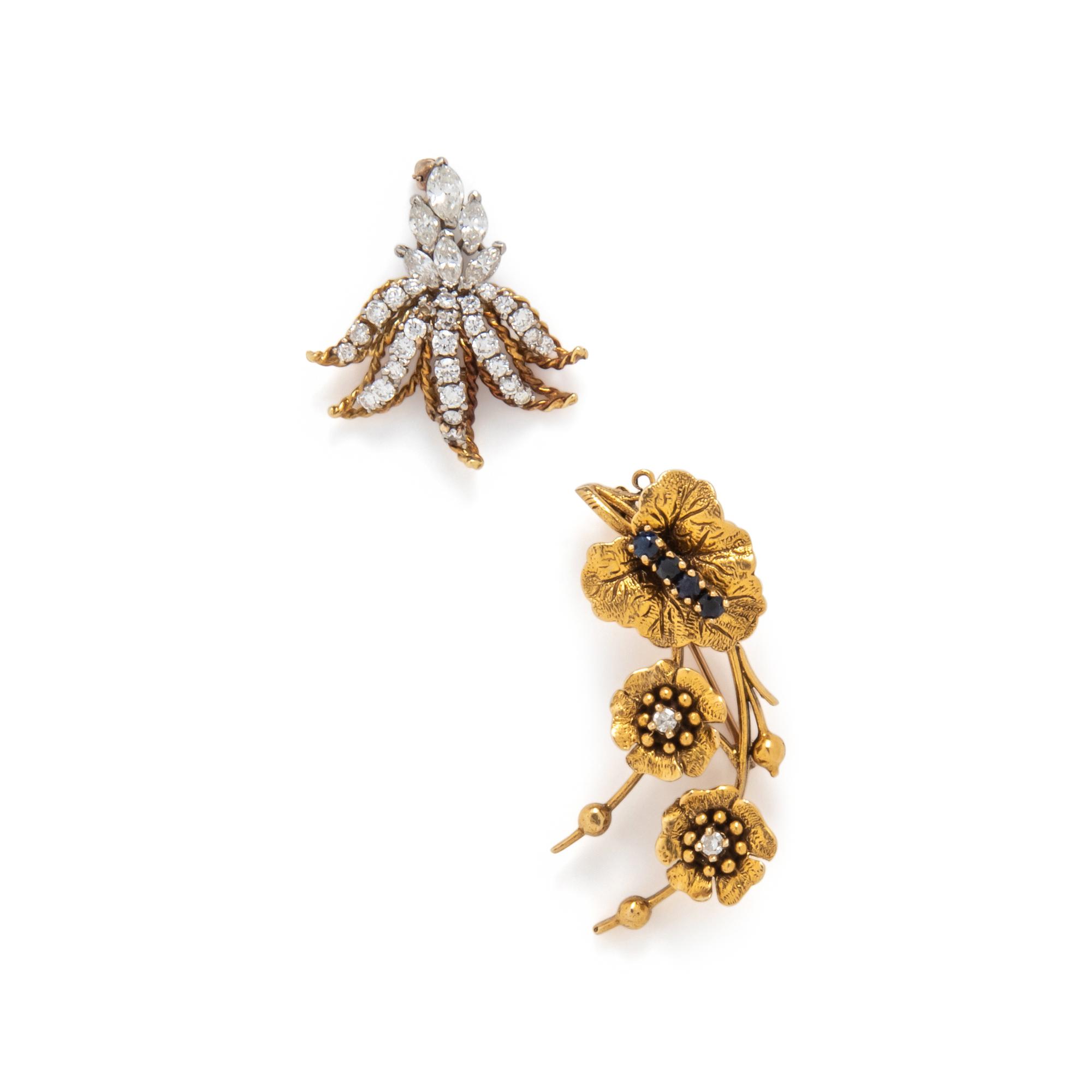 TWO YELLOW GOLD AND GEMSTONE BROOCHES