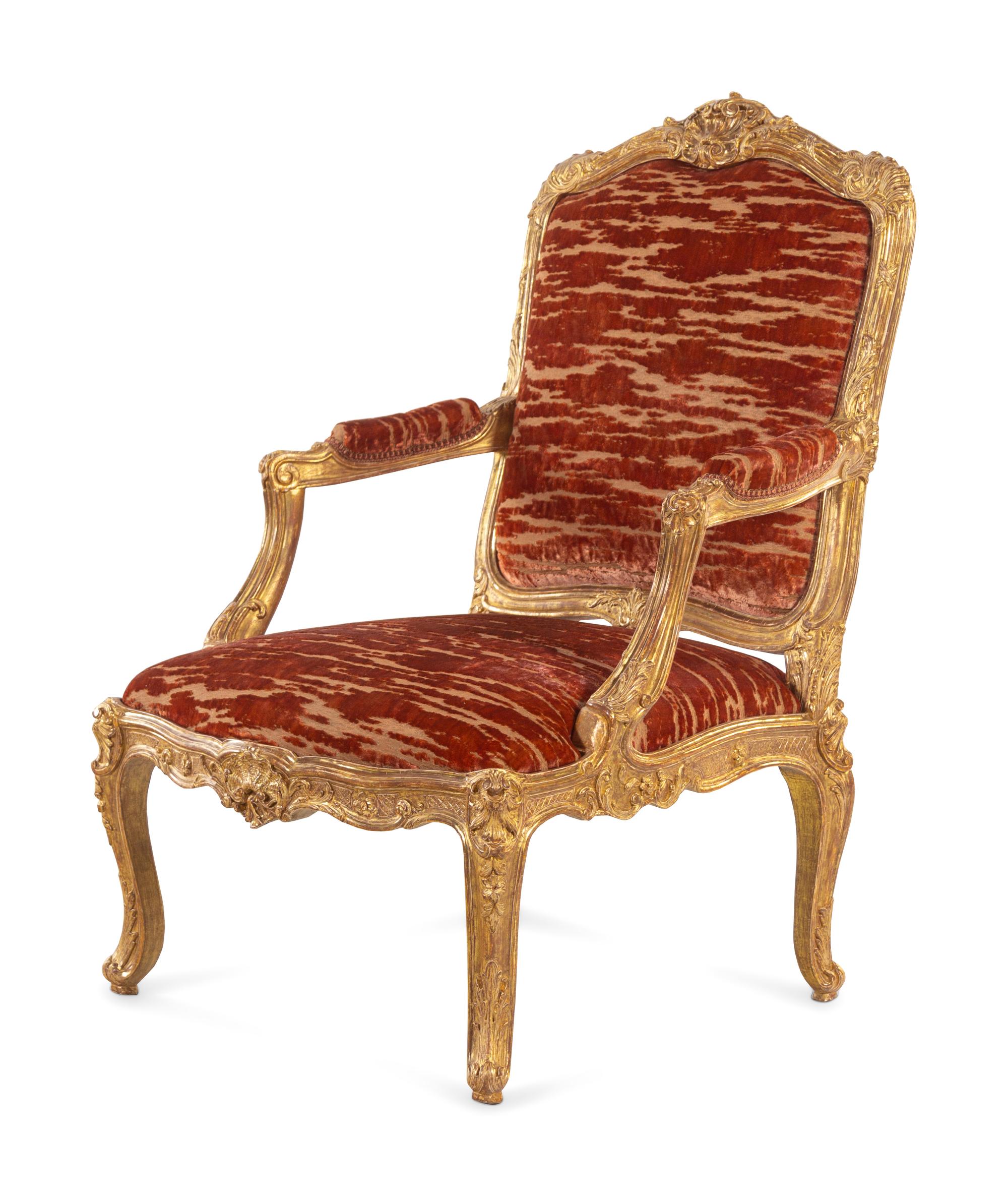 A Louis XV Style Carved Giltwood Fauteuil
