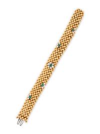 YELLOW GOLD, DIAMOND AND SYNTHETIC EMERALD BRACELET