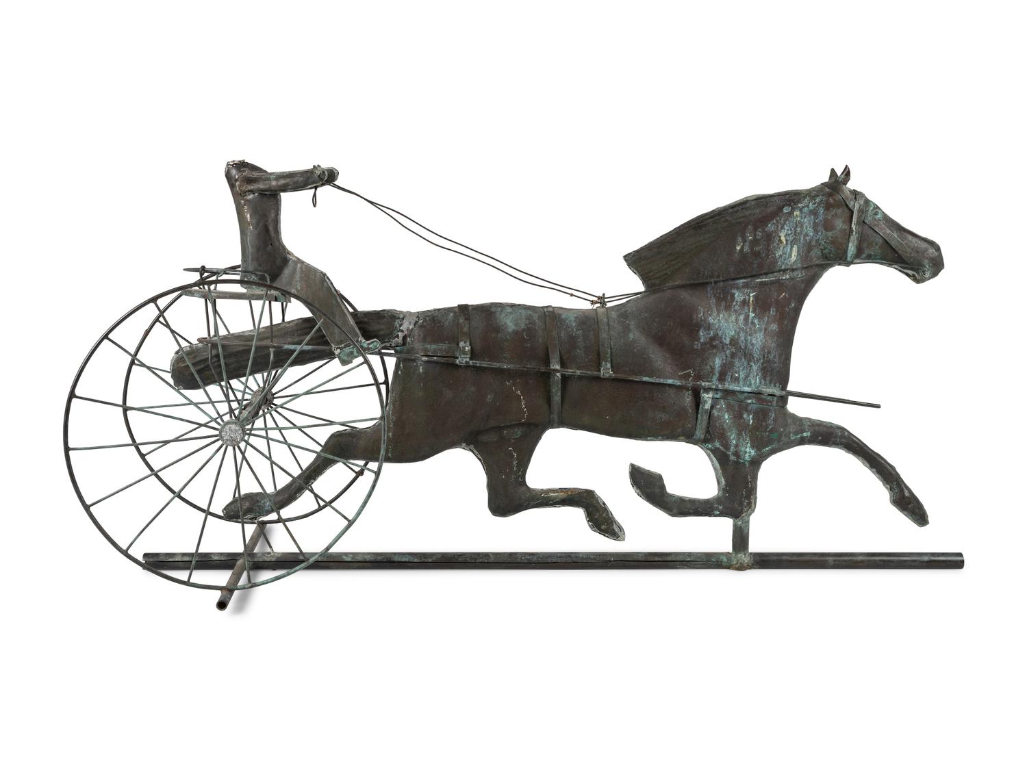 A Molded Copper and Zinc Horse and Sulky Weathervane