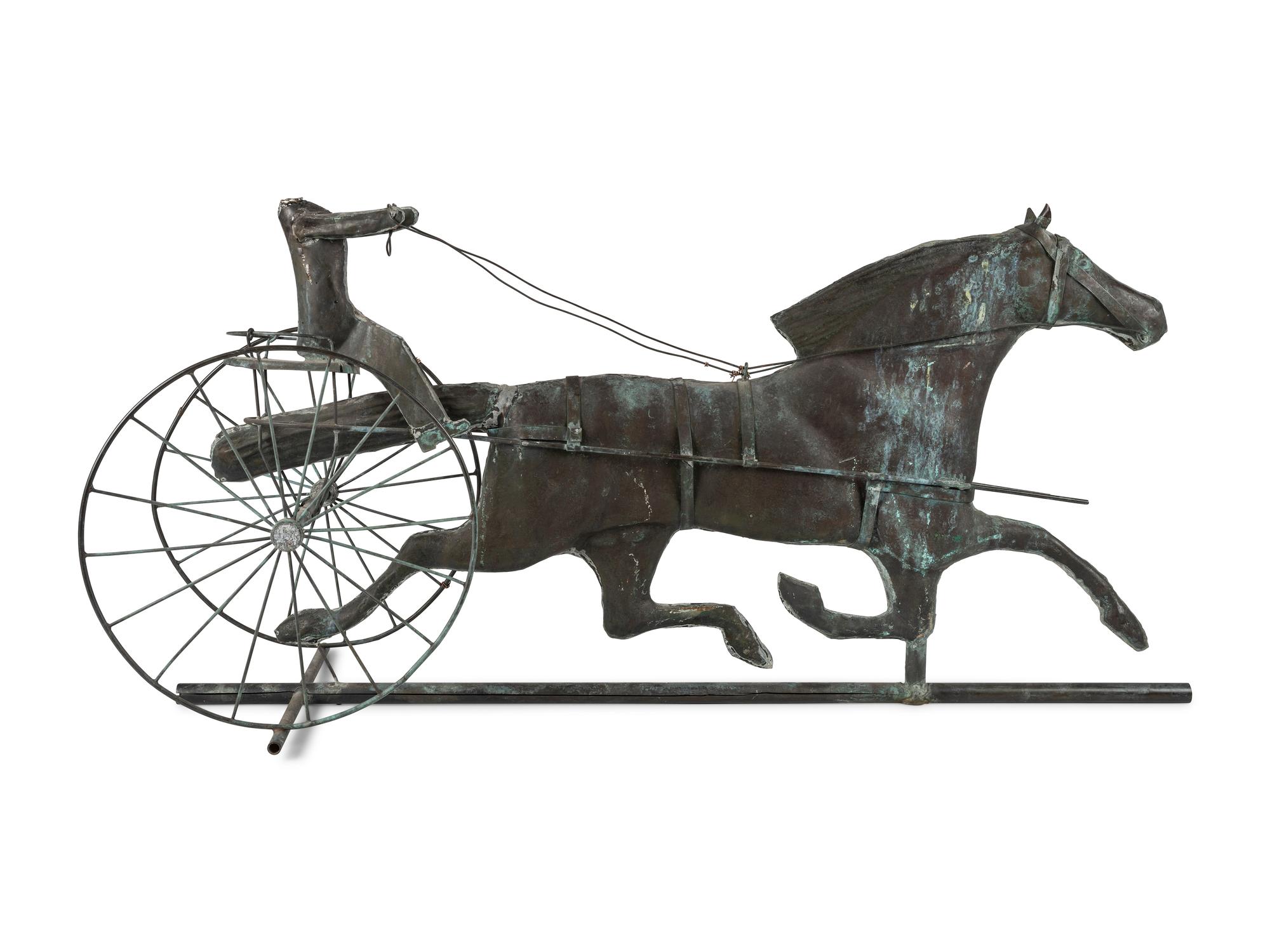 A Molded Copper and Zinc Horse and Sulky Weathervane