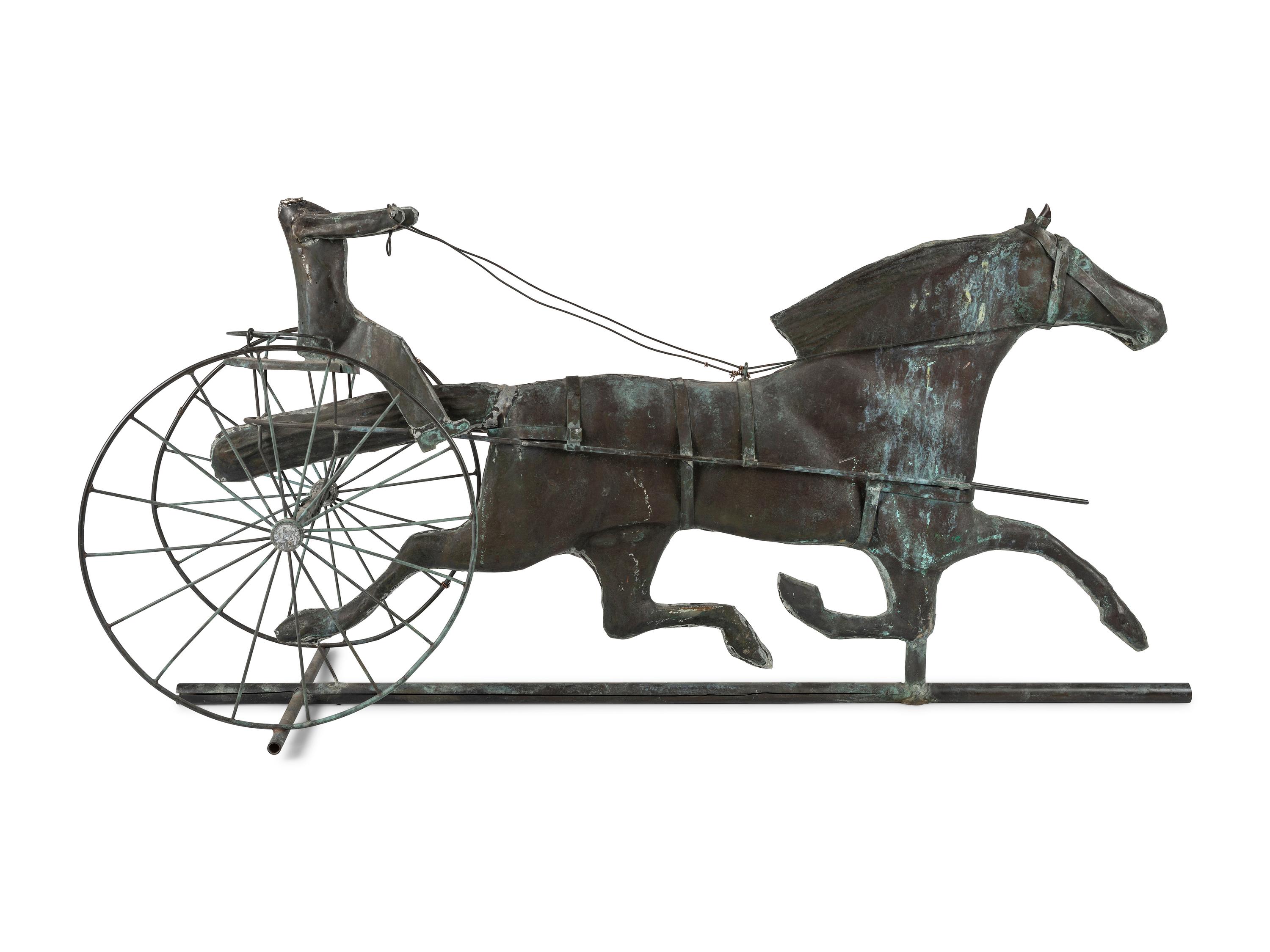 A Molded Copper and Zinc Horse and Sulky Weathervane