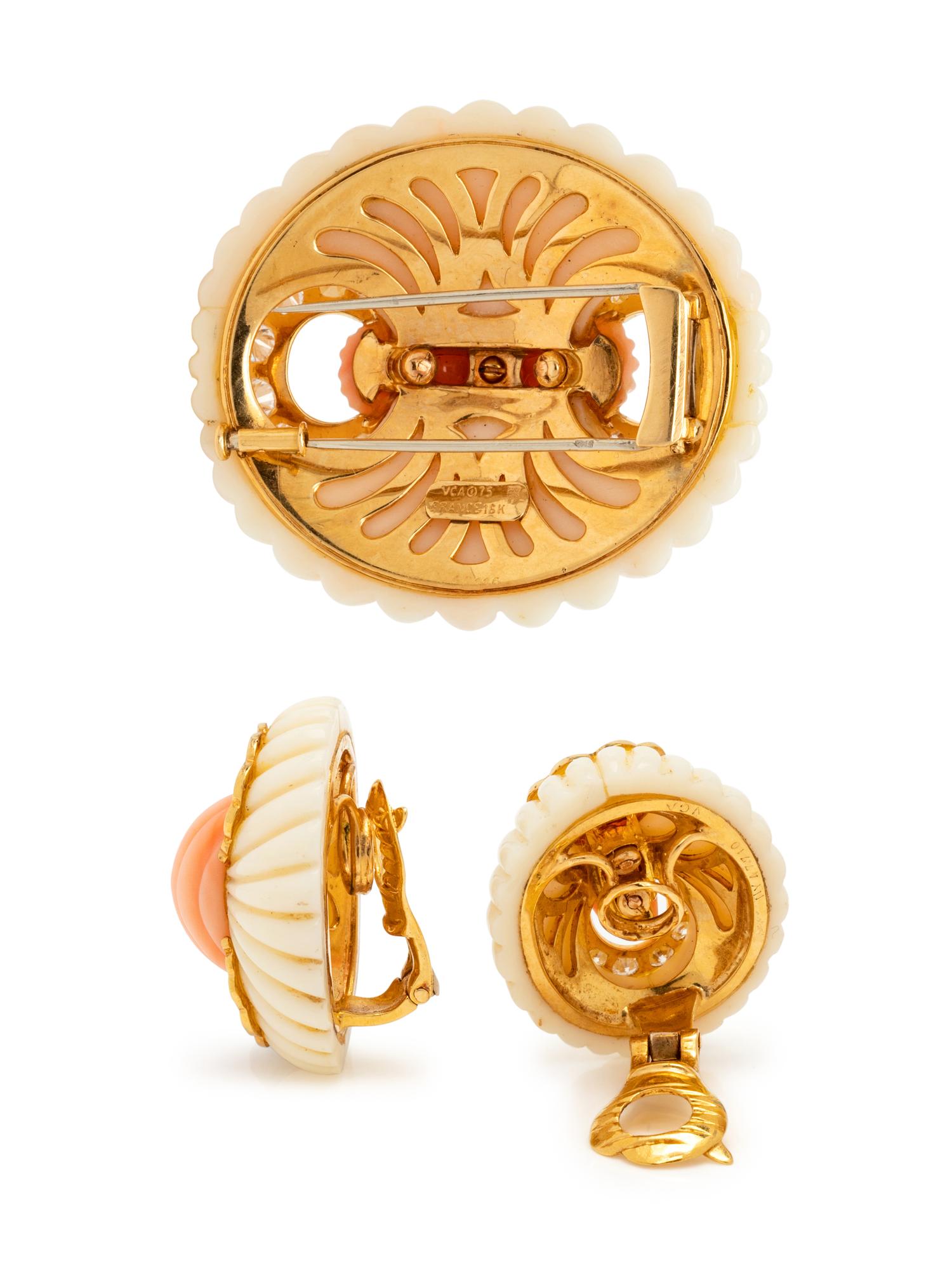 VAN CLEEF & ARPELS, CORAL AND DIAMOND 'DRAPÉ' BROOCH AND EARCLIPS
