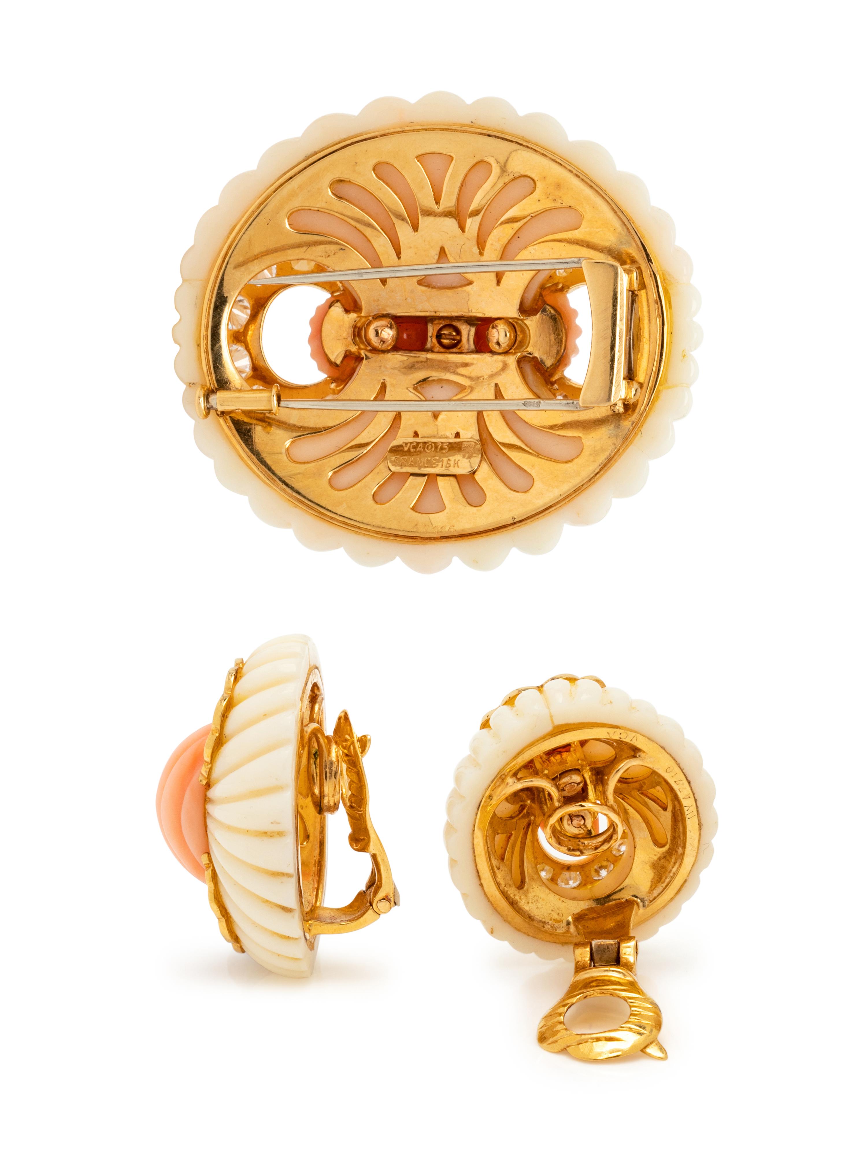 VAN CLEEF & ARPELS, CORAL AND DIAMOND 'DRAPÉ' BROOCH AND EARCLIPS