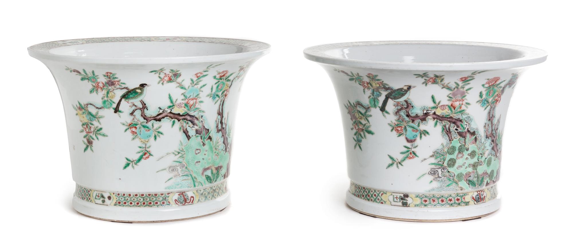 A Pair of Famille Verte Porcelain Jardinieres Height of taller 9 inches. — 19TH CENTURY